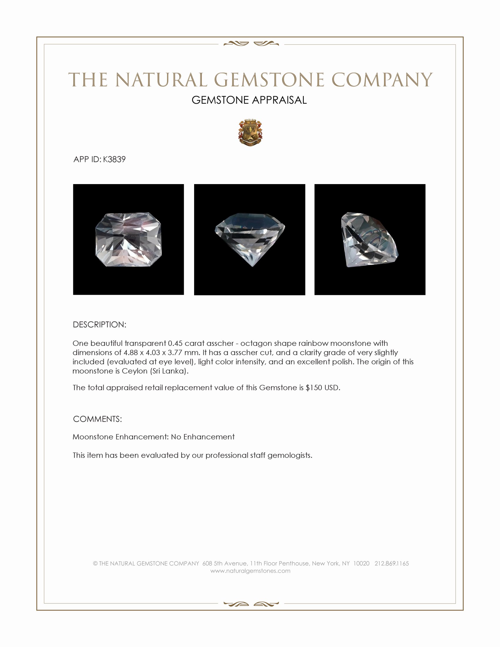 0.45 Ct. Moonstone from Ceylon (Sri Lanka)