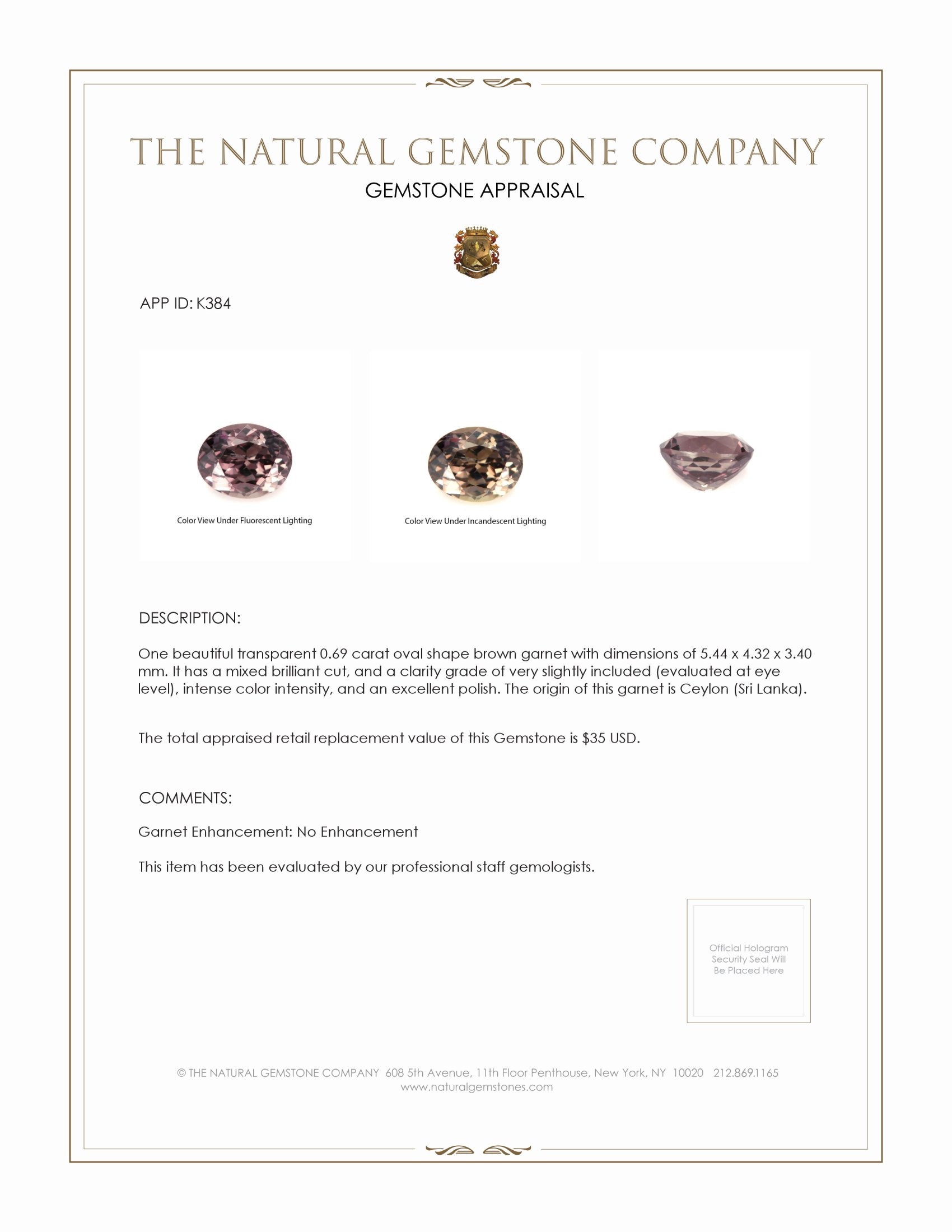 0.69 Ct. Garnet from Ceylon (Sri Lanka)