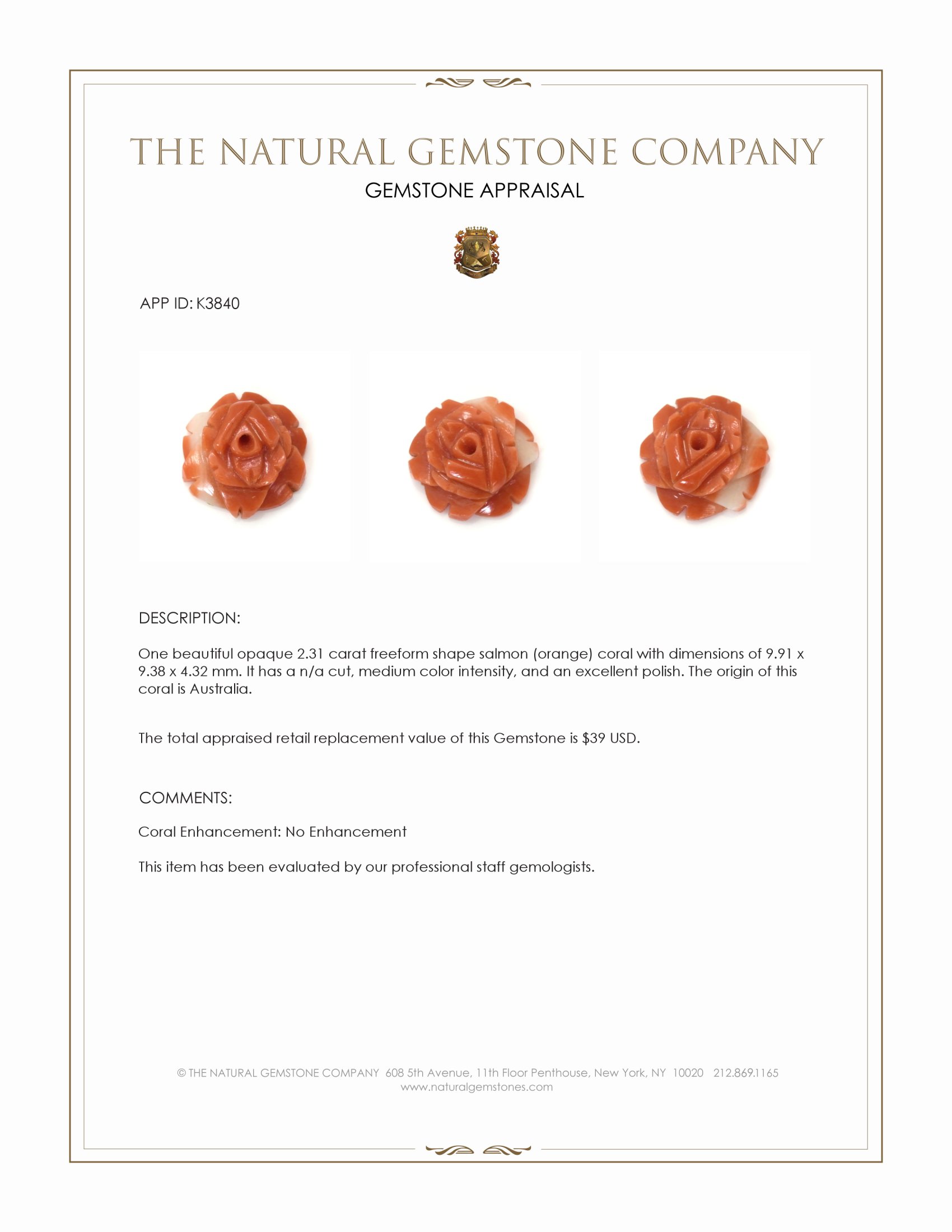 2.31 Ct. Salmon (Orange) Coral from Australia