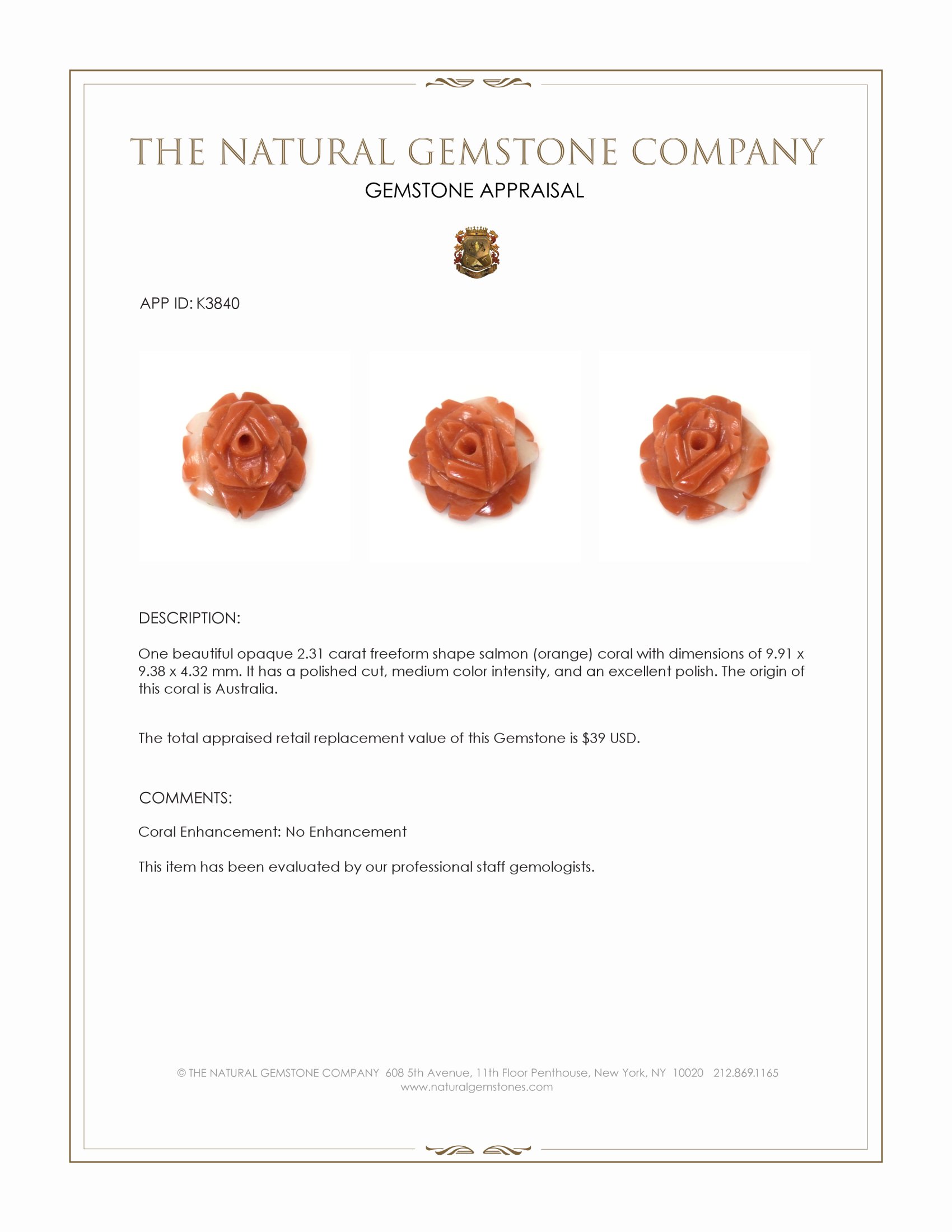 2.31 Ct. Salmon (Orange) Coral from Australia