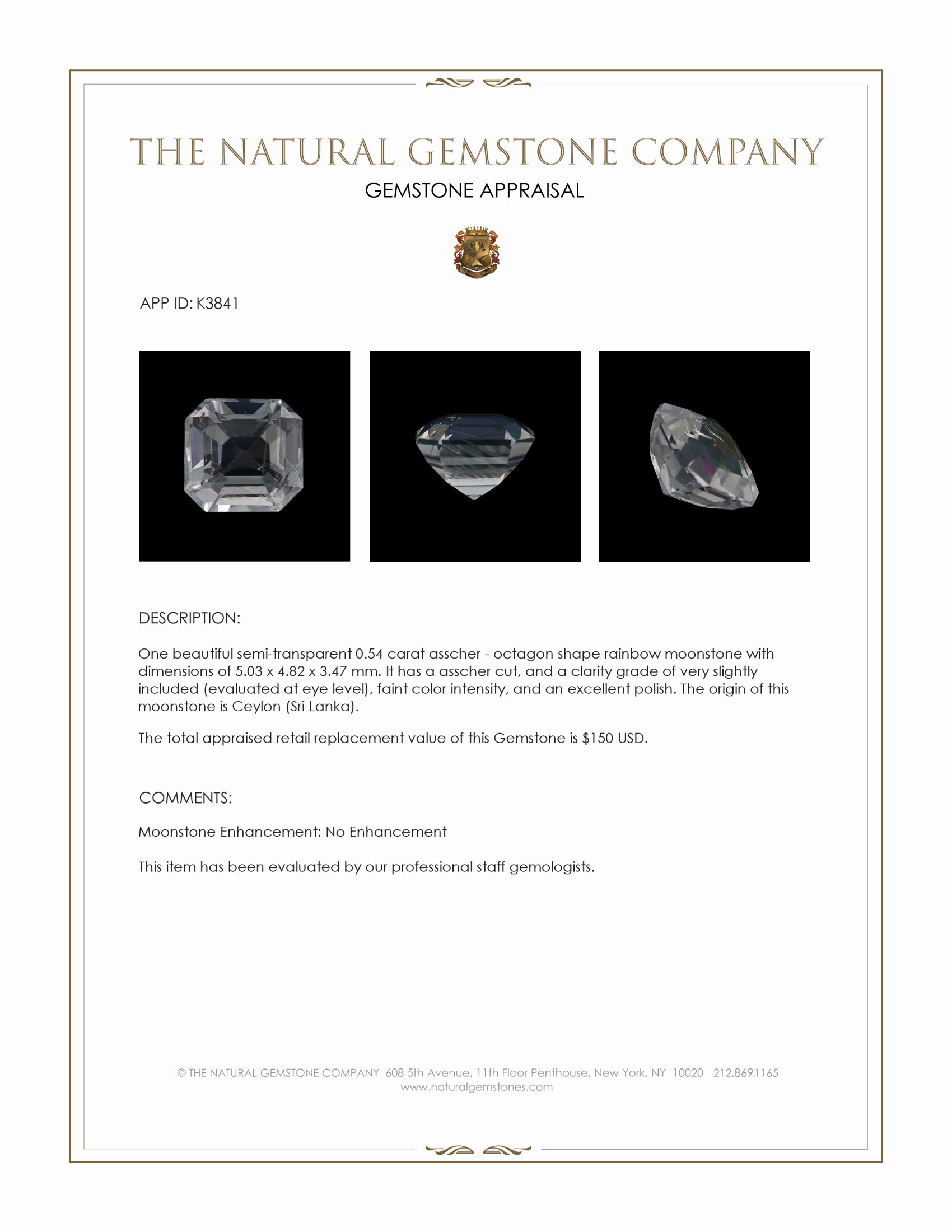 0.54 Ct. Moonstone from Ceylon (Sri Lanka)