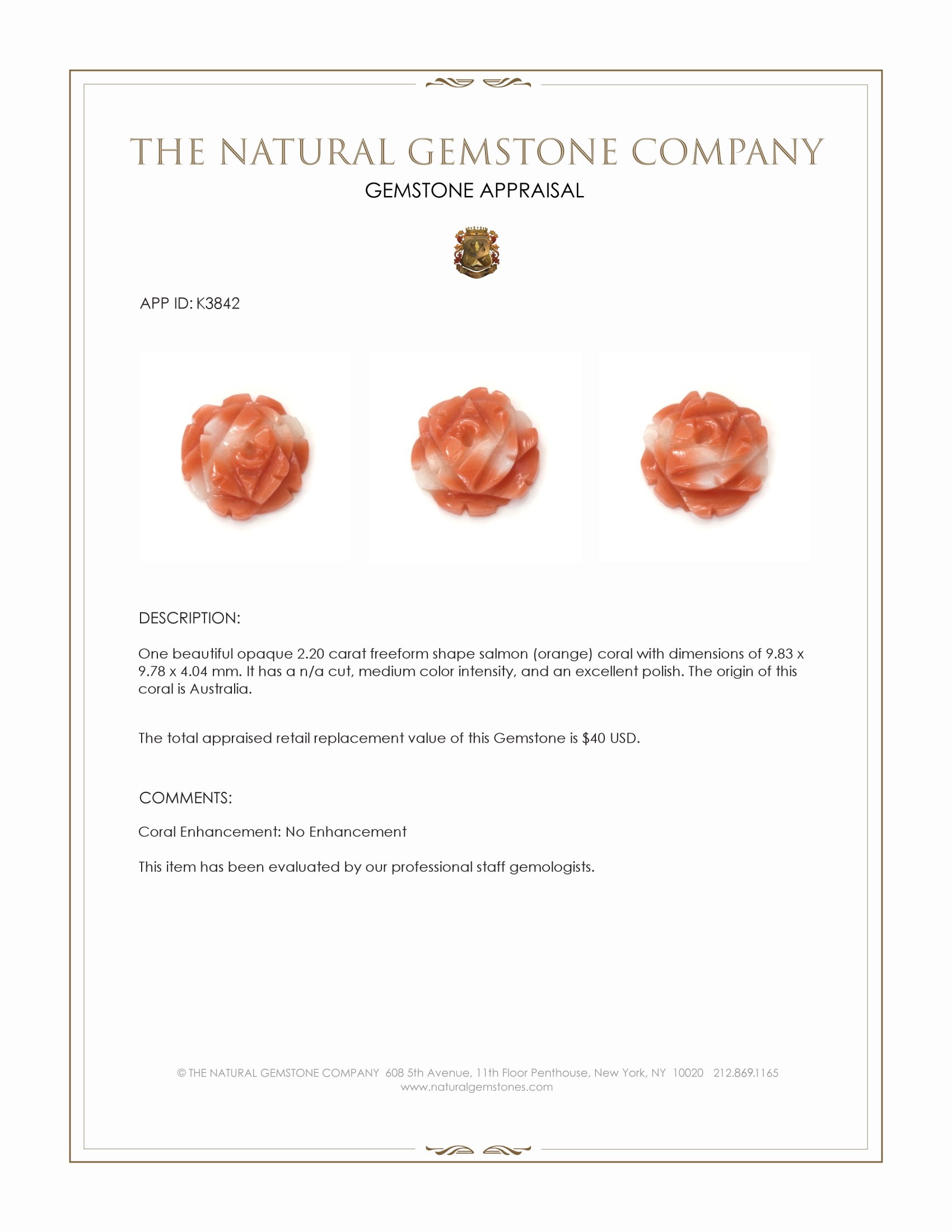 2.20 Ct. Salmon (Orange) Coral from Australia