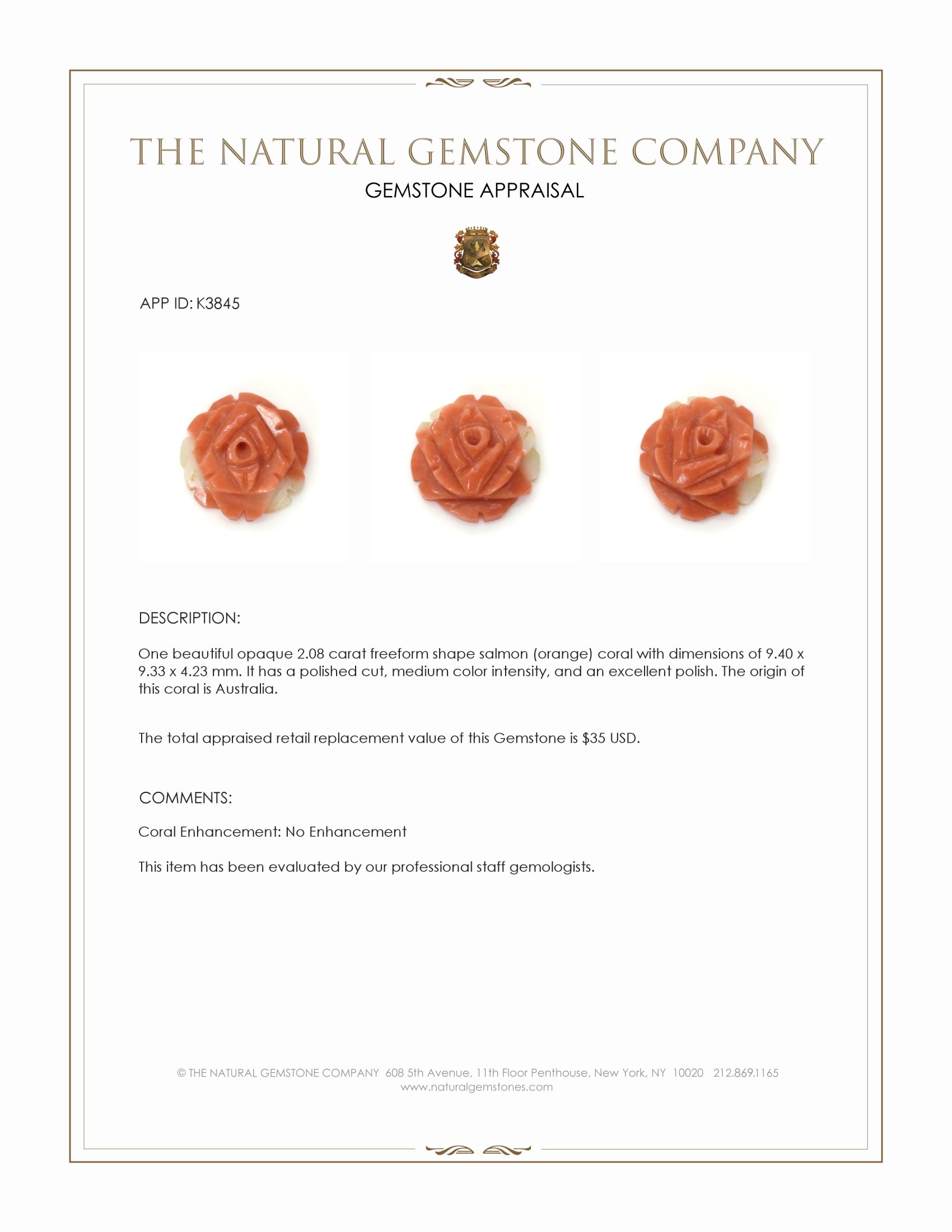 2.08 Ct. Salmon (Orange) Coral from Australia