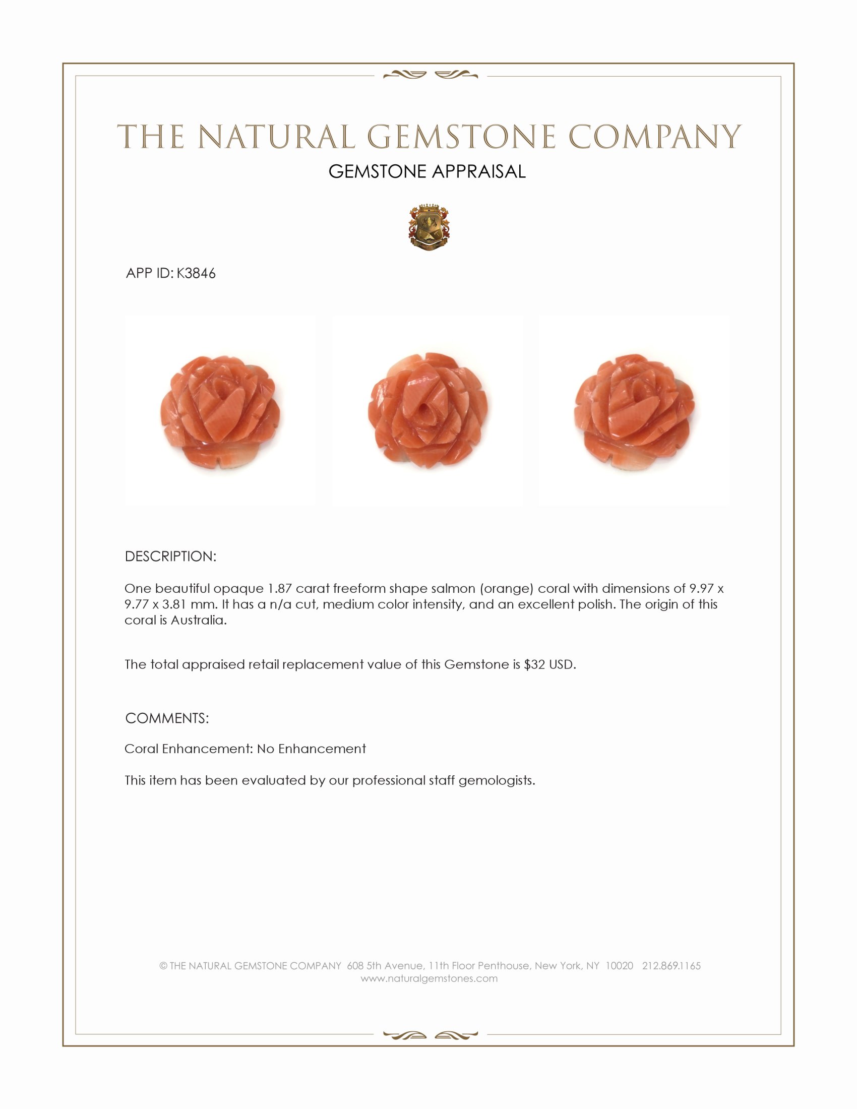 1.87 Ct. Salmon (Orange) Coral from Australia