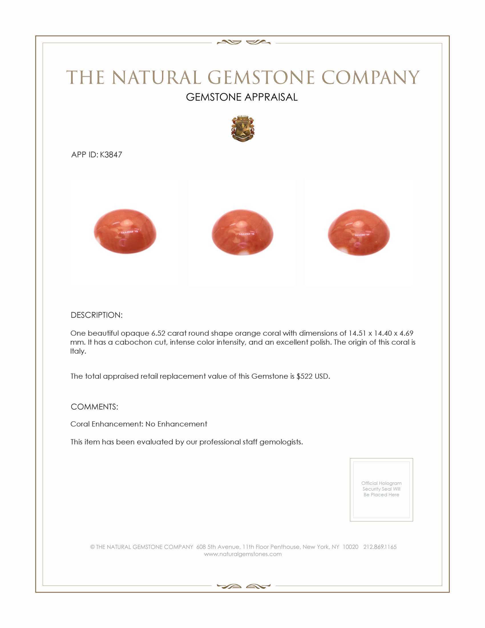 6.52 Ct. Cabochon Coral from Italy