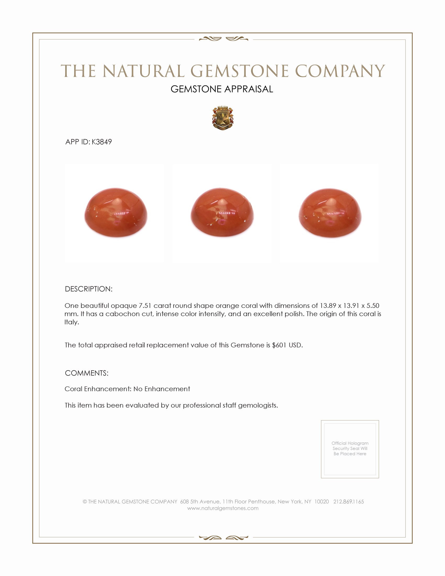 7.51 Ct. Cabochon Coral from Italy