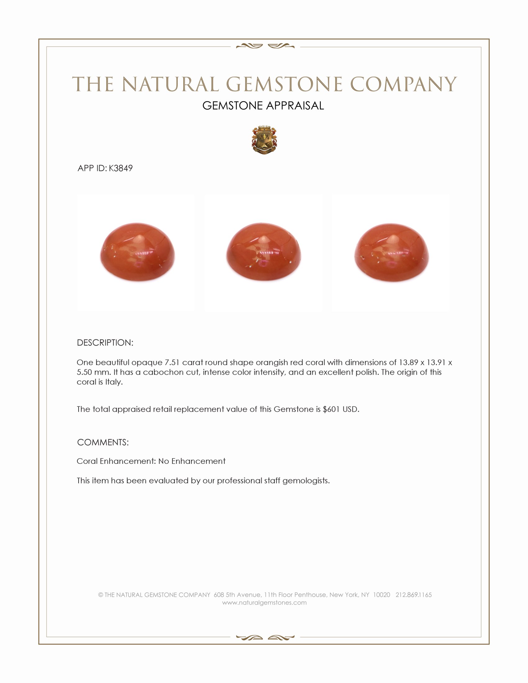 7.51 Ct. Cabochon Coral from Italy