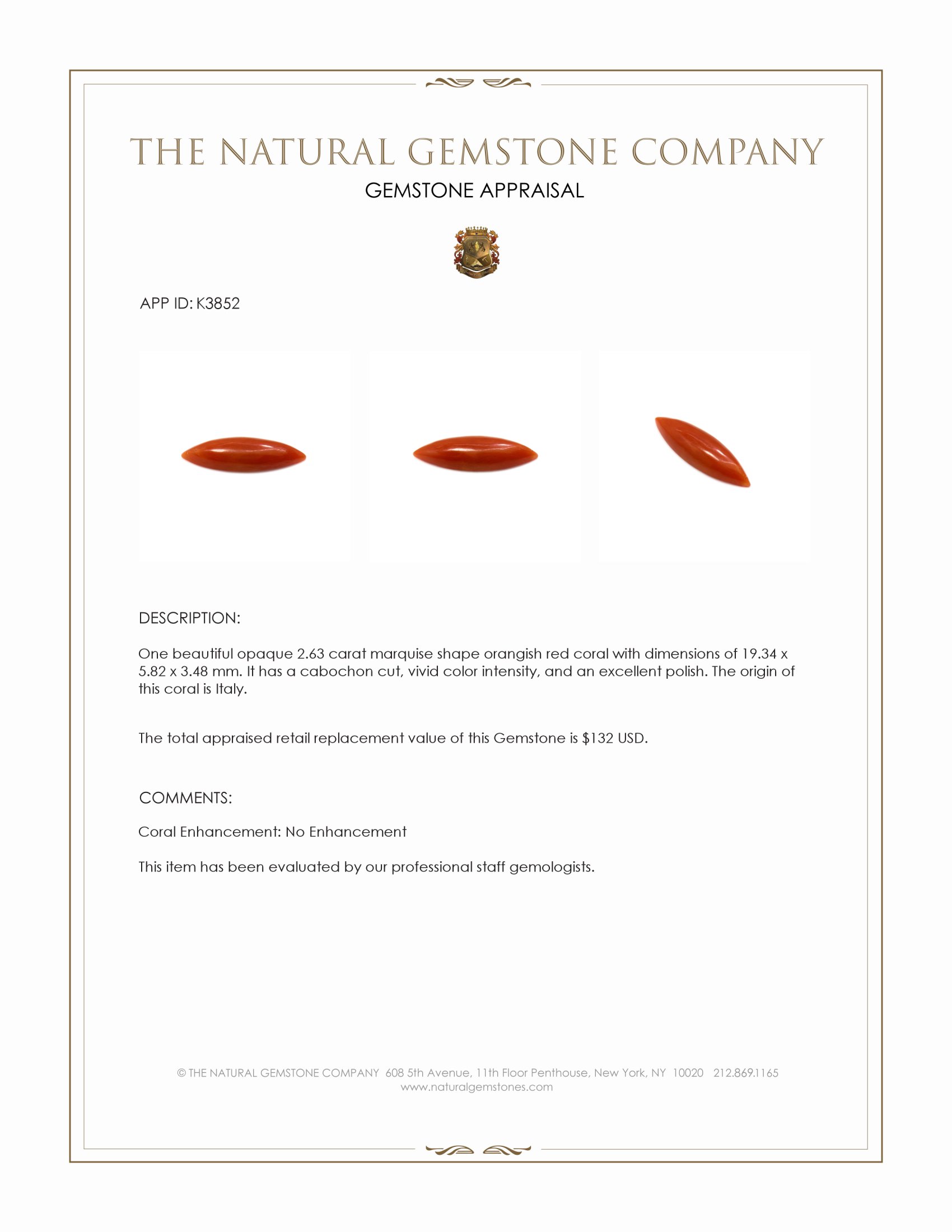 2.63 Ct. Cabochon Coral from Italy