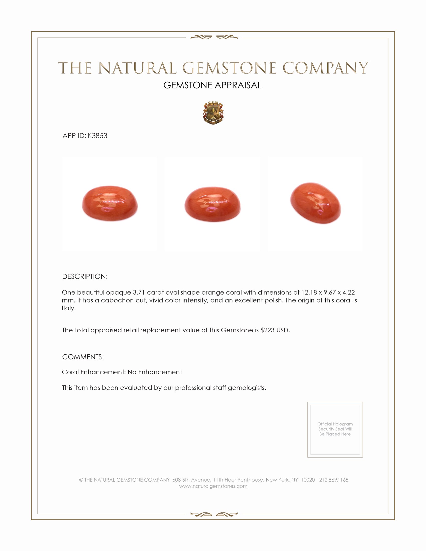 3.71 Ct. Cabochon Coral from Italy