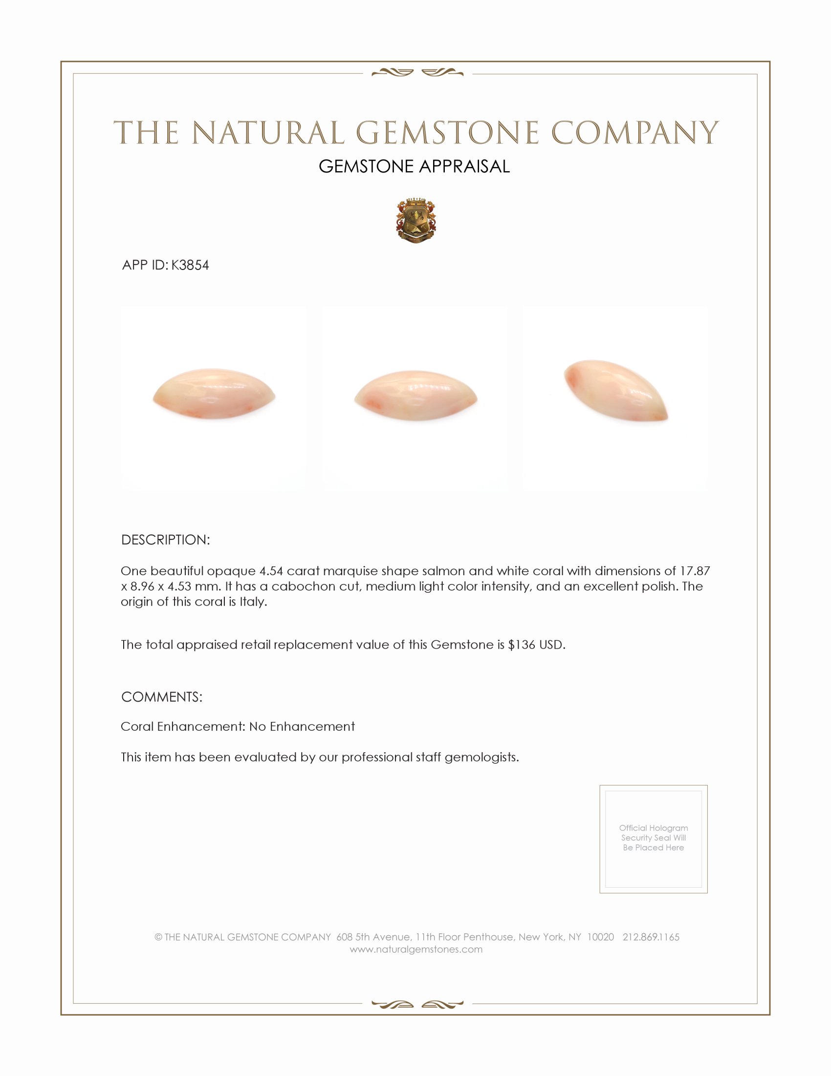 4.54 Ct. Cabochon Coral from Italy