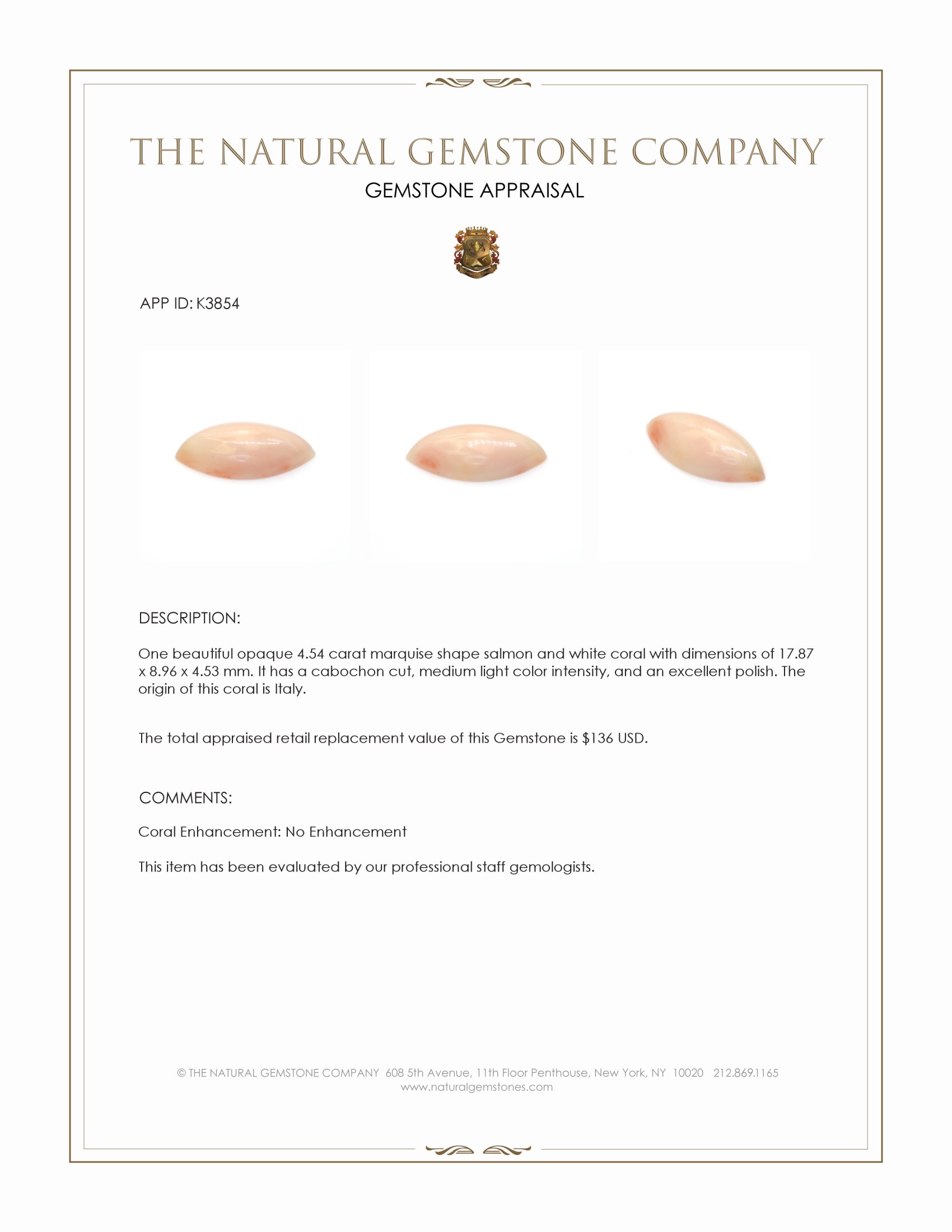 4.54 Ct. Cabochon Coral from Italy