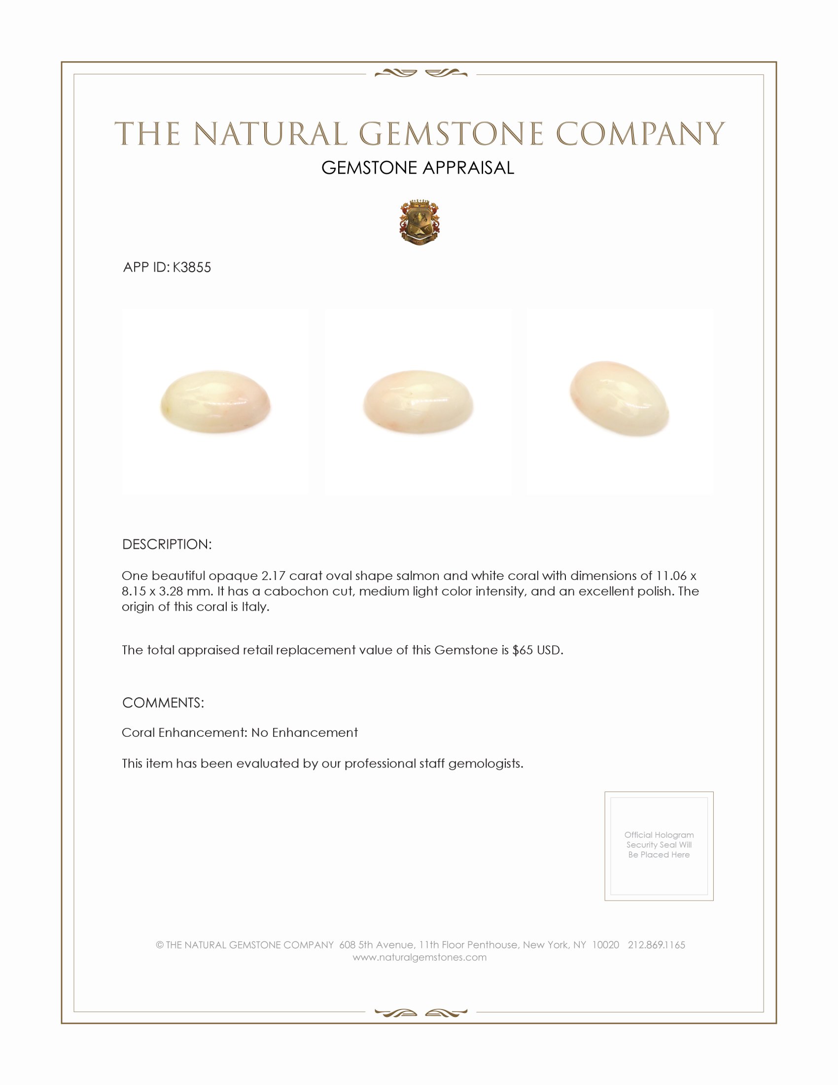 2.17 Ct. Cabochon Coral from Italy