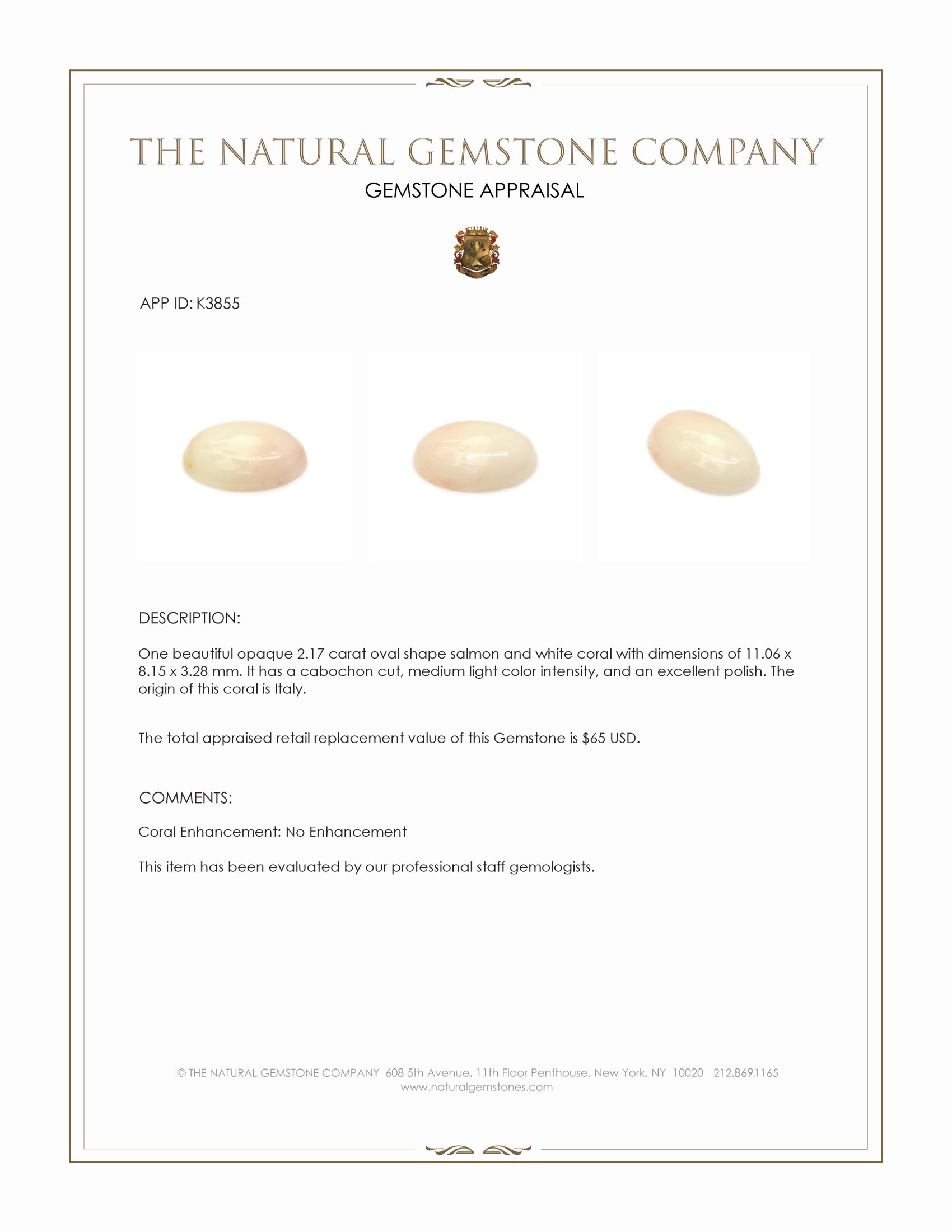 2.17 Ct. Cabochon Coral from Italy