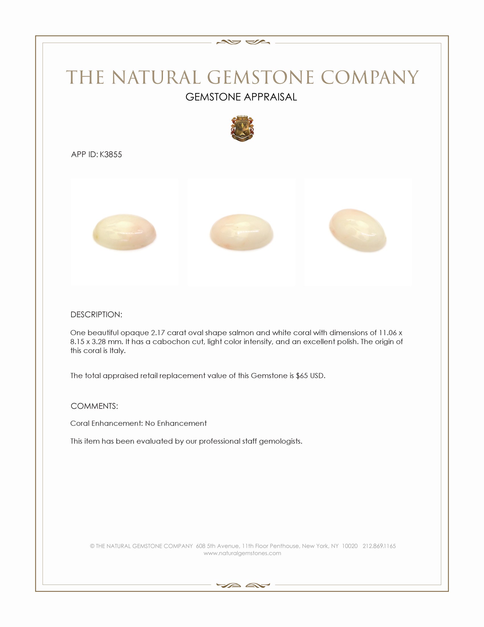 2.17 Ct. Cabochon Coral from Italy