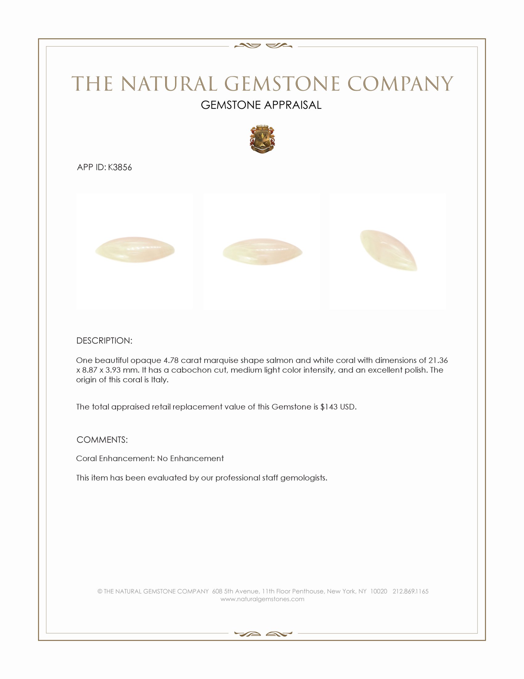 4.78 Ct. Cabochon Coral from Italy