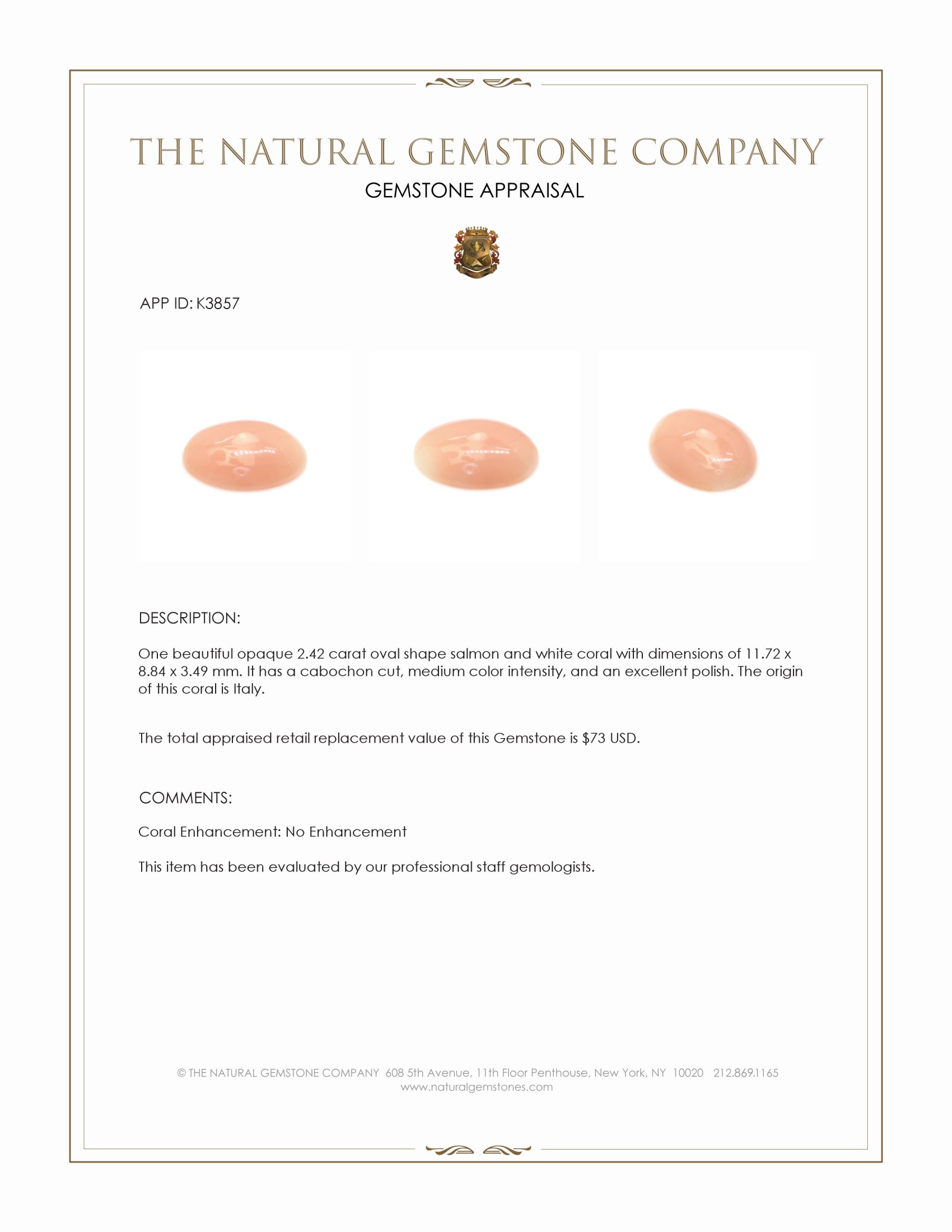 2.42 Ct. Cabochon Coral from Italy