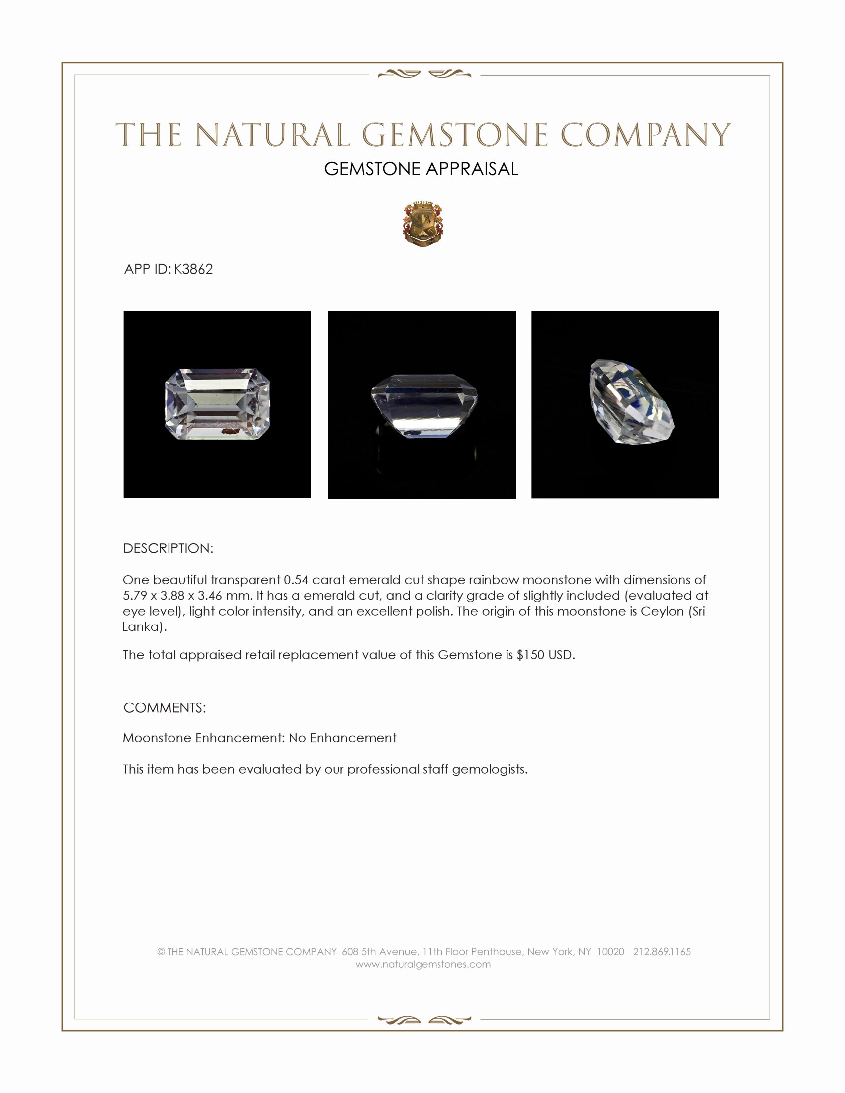 0.54 Ct. Moonstone from Ceylon (Sri Lanka)