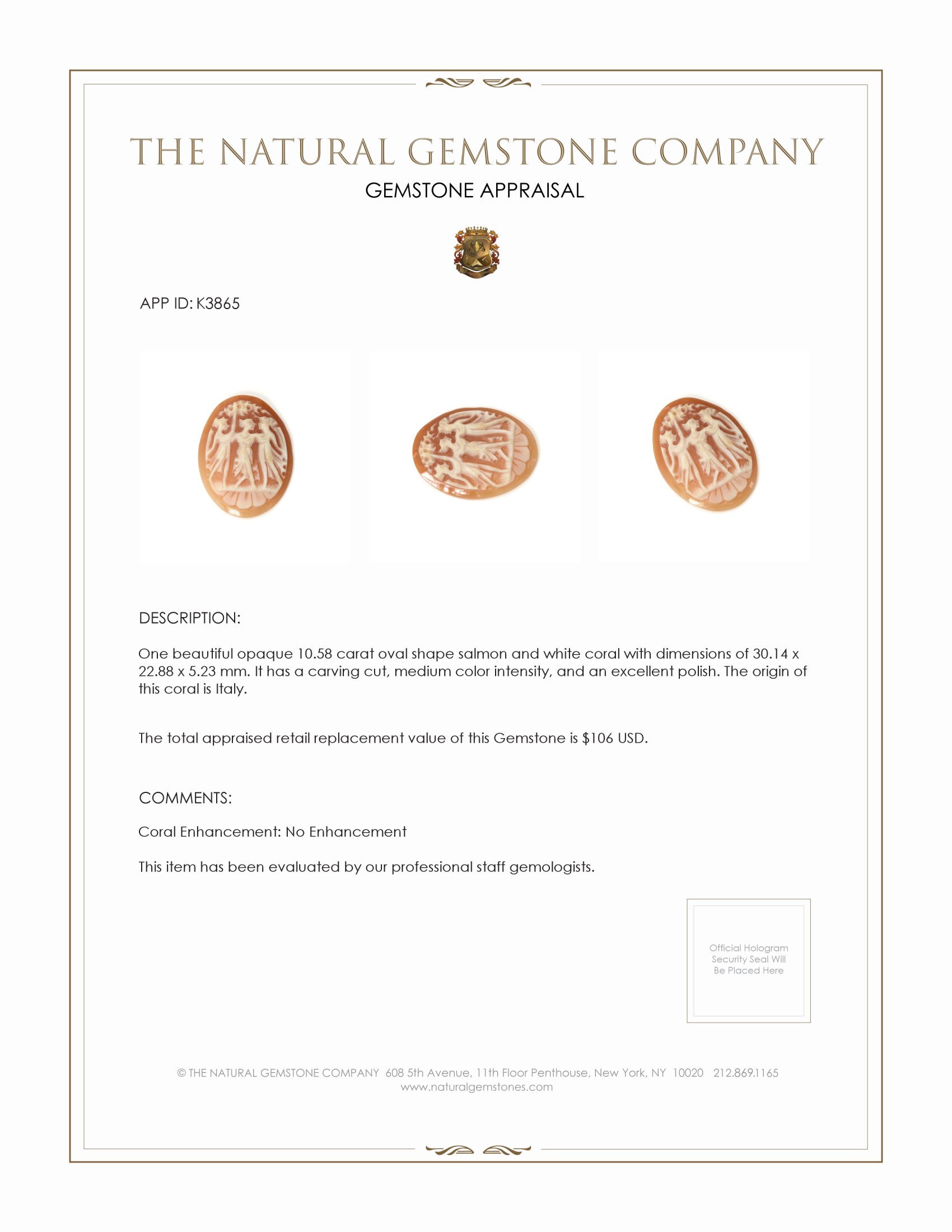 10.58 Ct. Coral from Italy