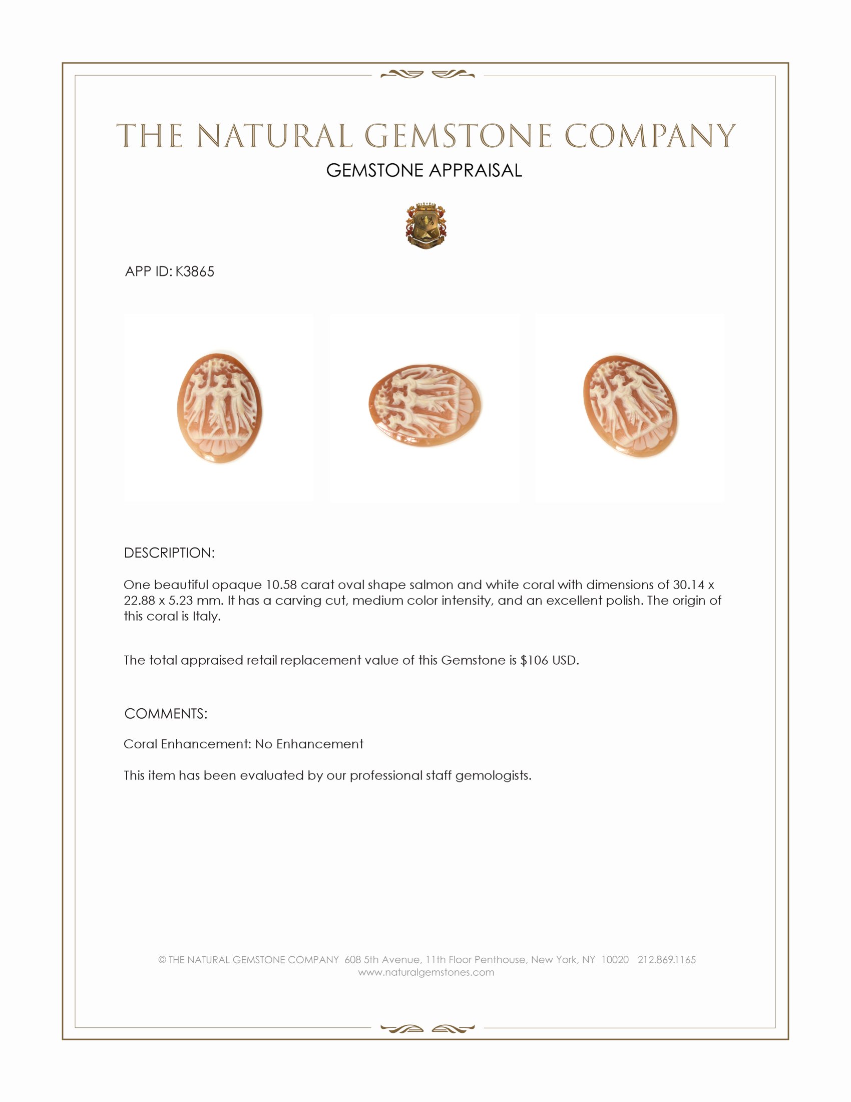 10.58 Ct. Coral from Italy