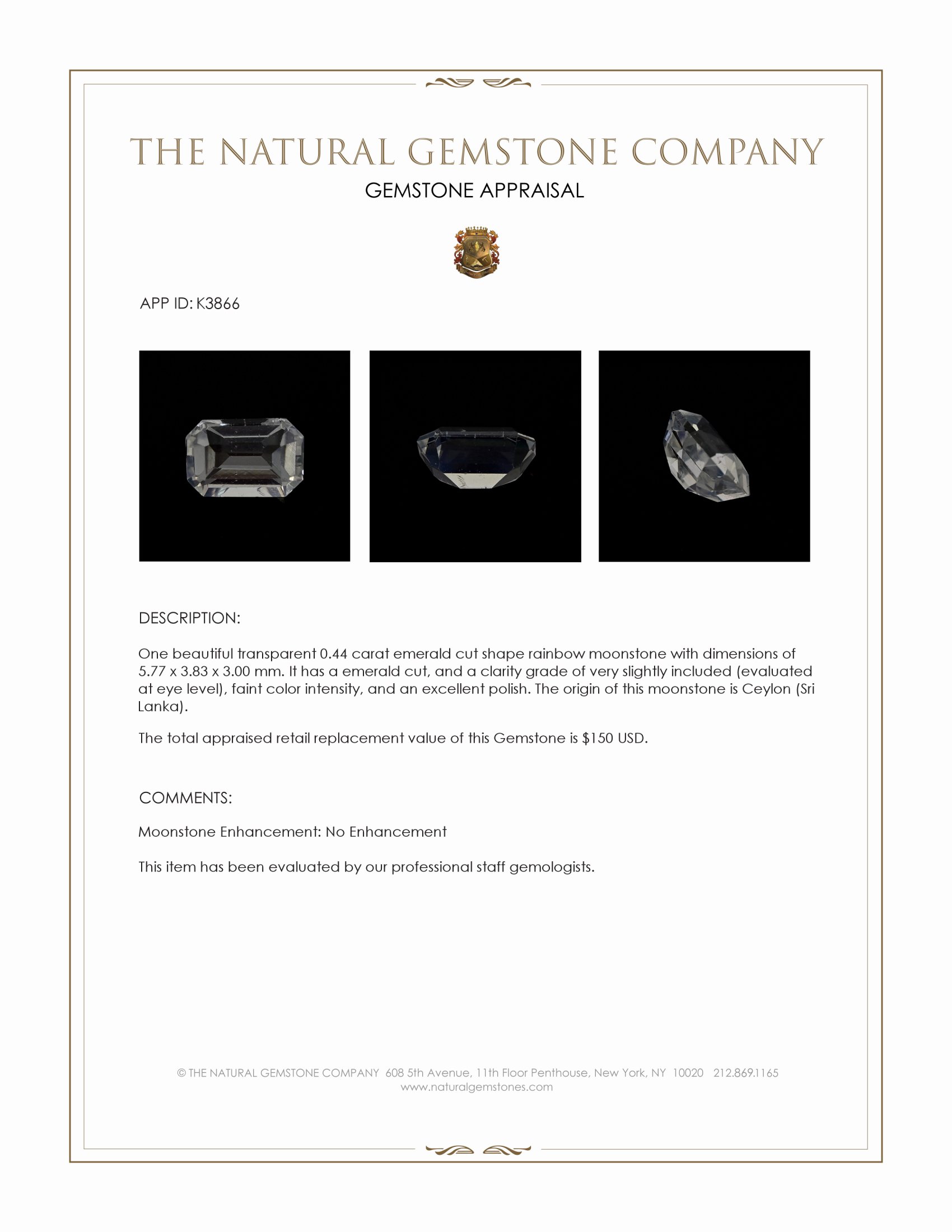 0.44 Ct. Rainbow Moonstone from Ceylon (Sri Lanka)