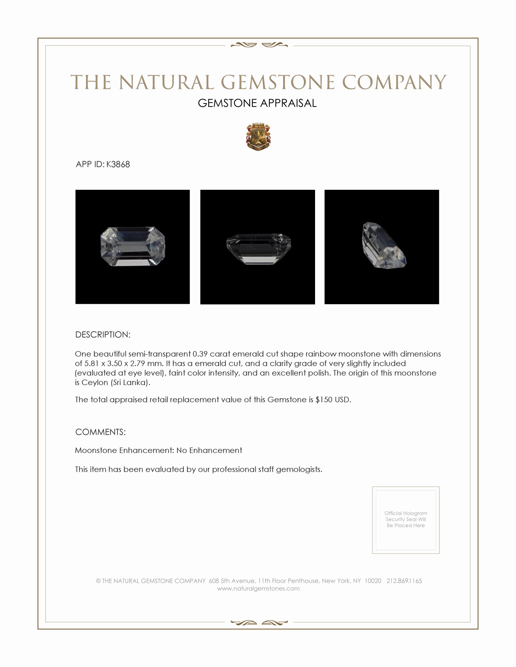 0.39 Ct. Rainbow Moonstone from Ceylon (Sri Lanka)