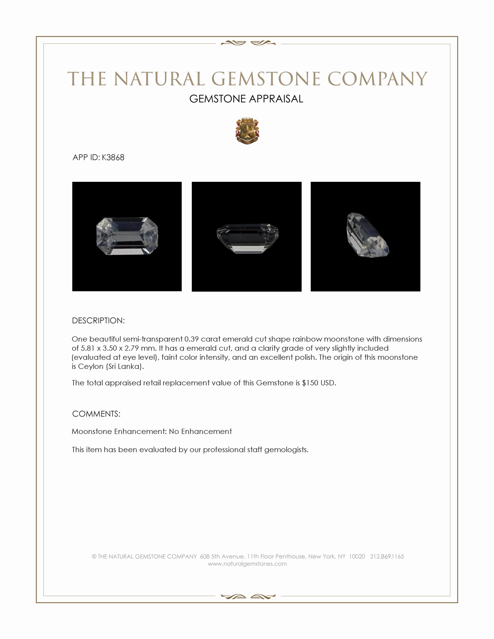 0.39 Ct. Moonstone from Ceylon (Sri Lanka)