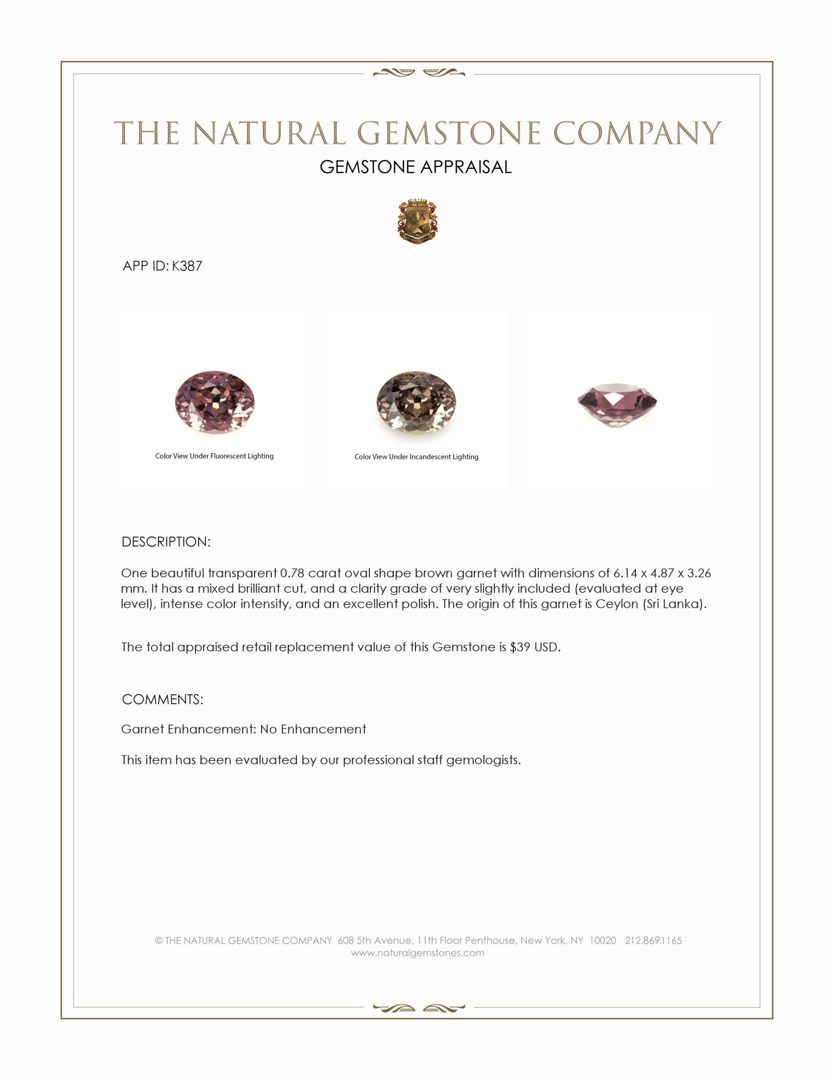 0.78 Ct. Garnet from Ceylon (Sri Lanka)