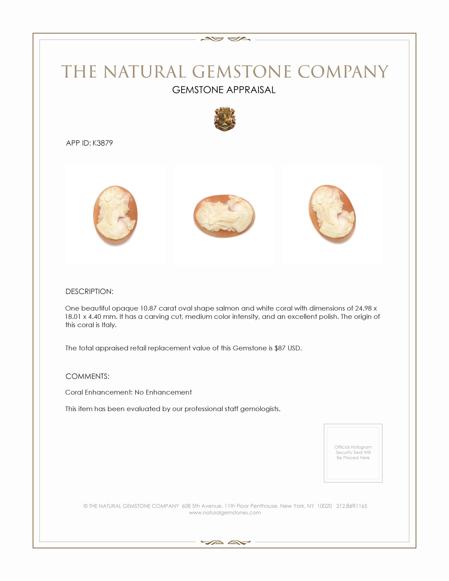 10.87 Ct. Coral from Italy