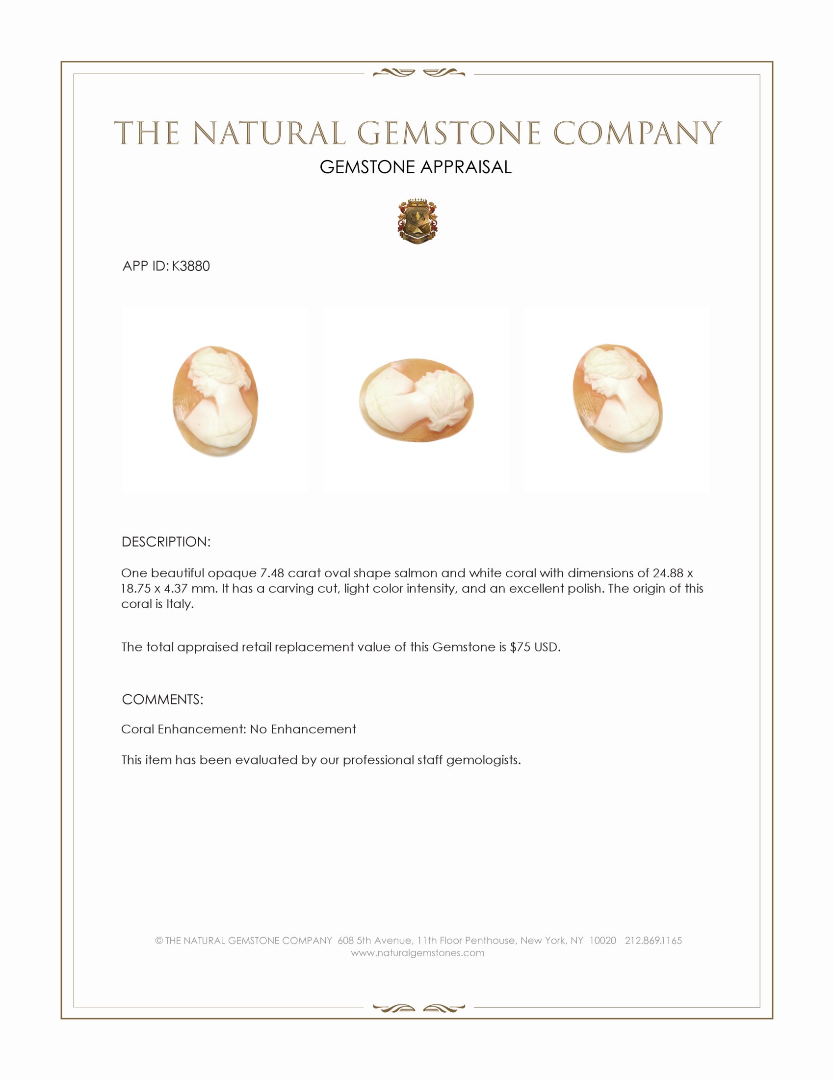 7.48 Ct. Coral from Italy