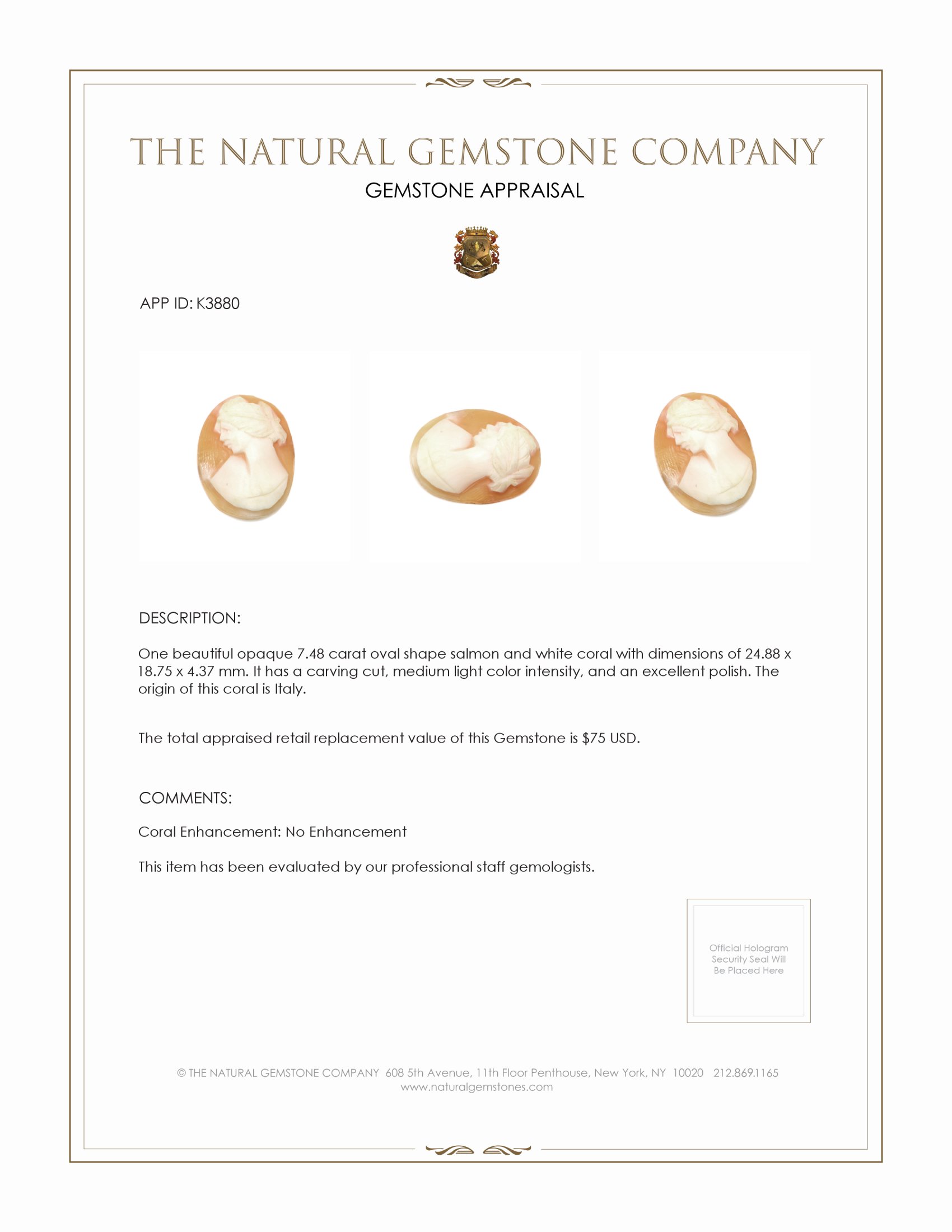 7.48 Ct. Coral from Italy