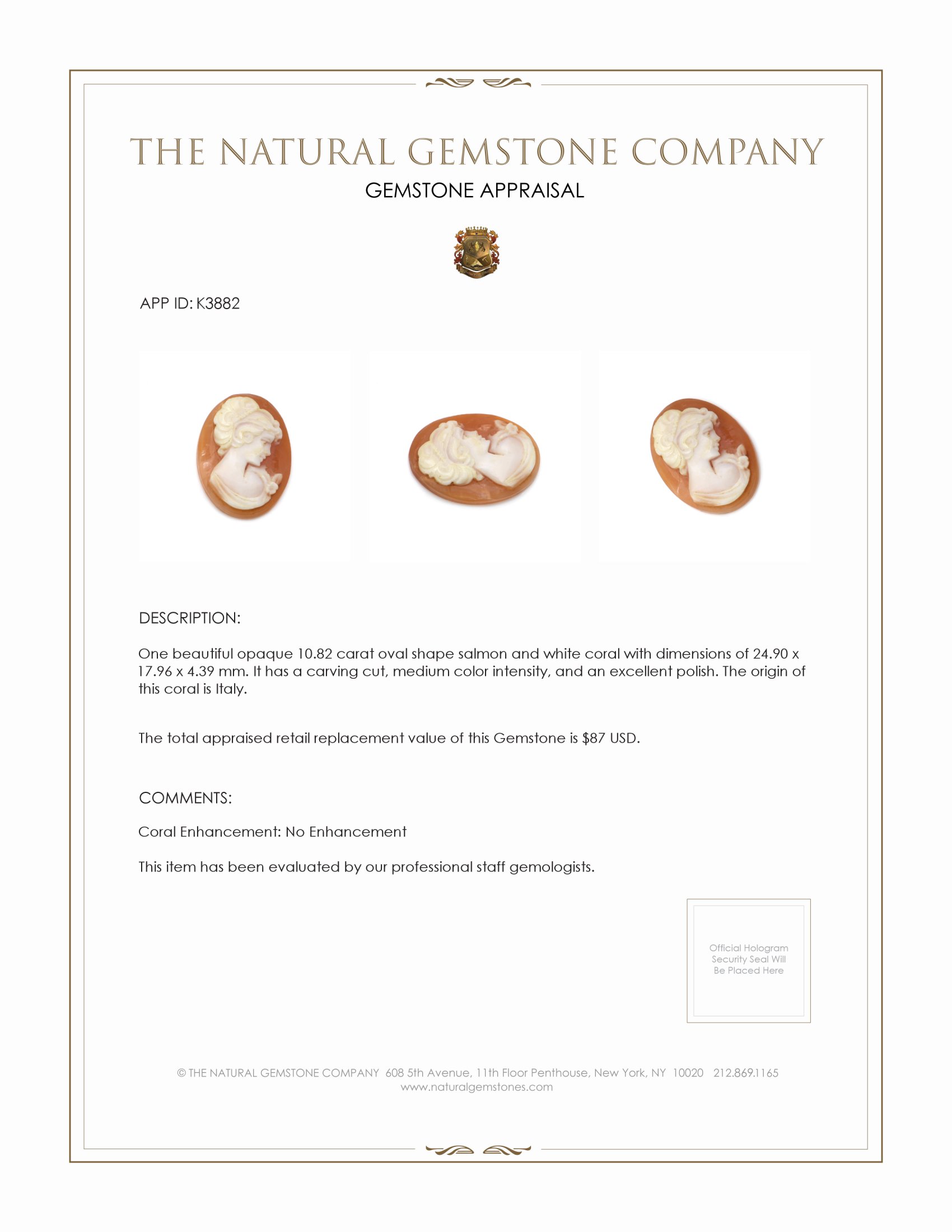 10.82 Ct. Coral from Italy