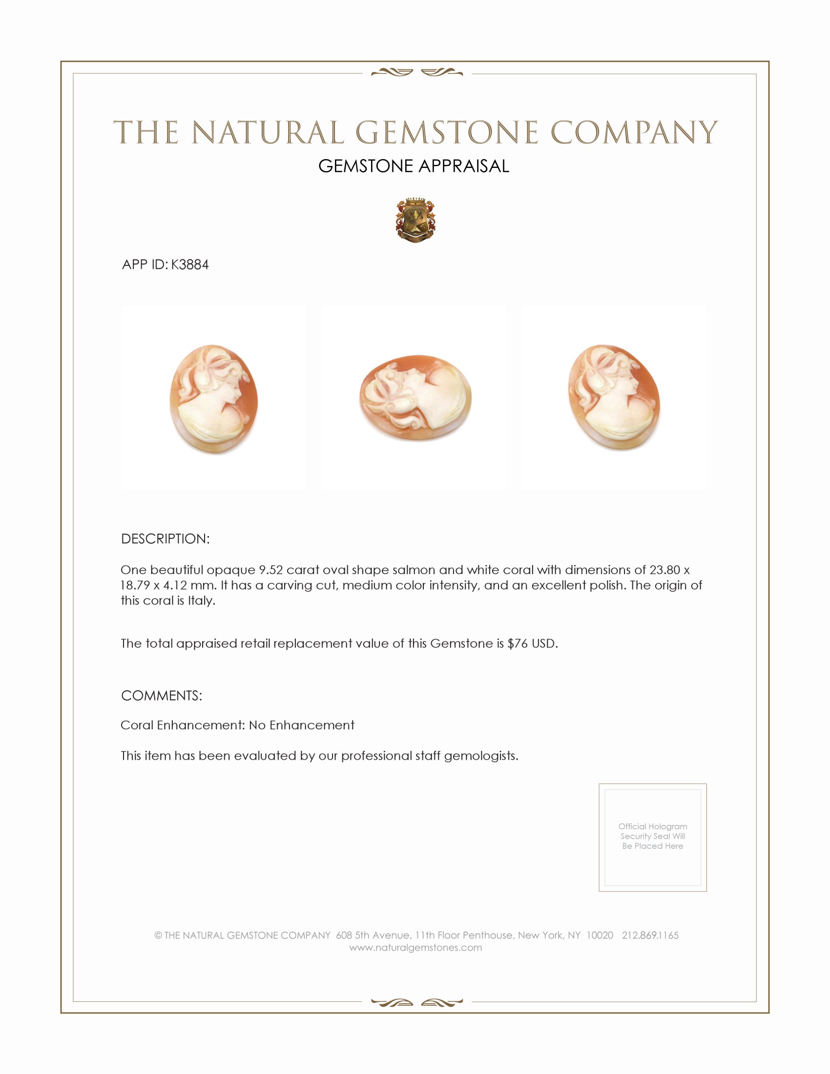 9.52 Ct. Coral from Italy