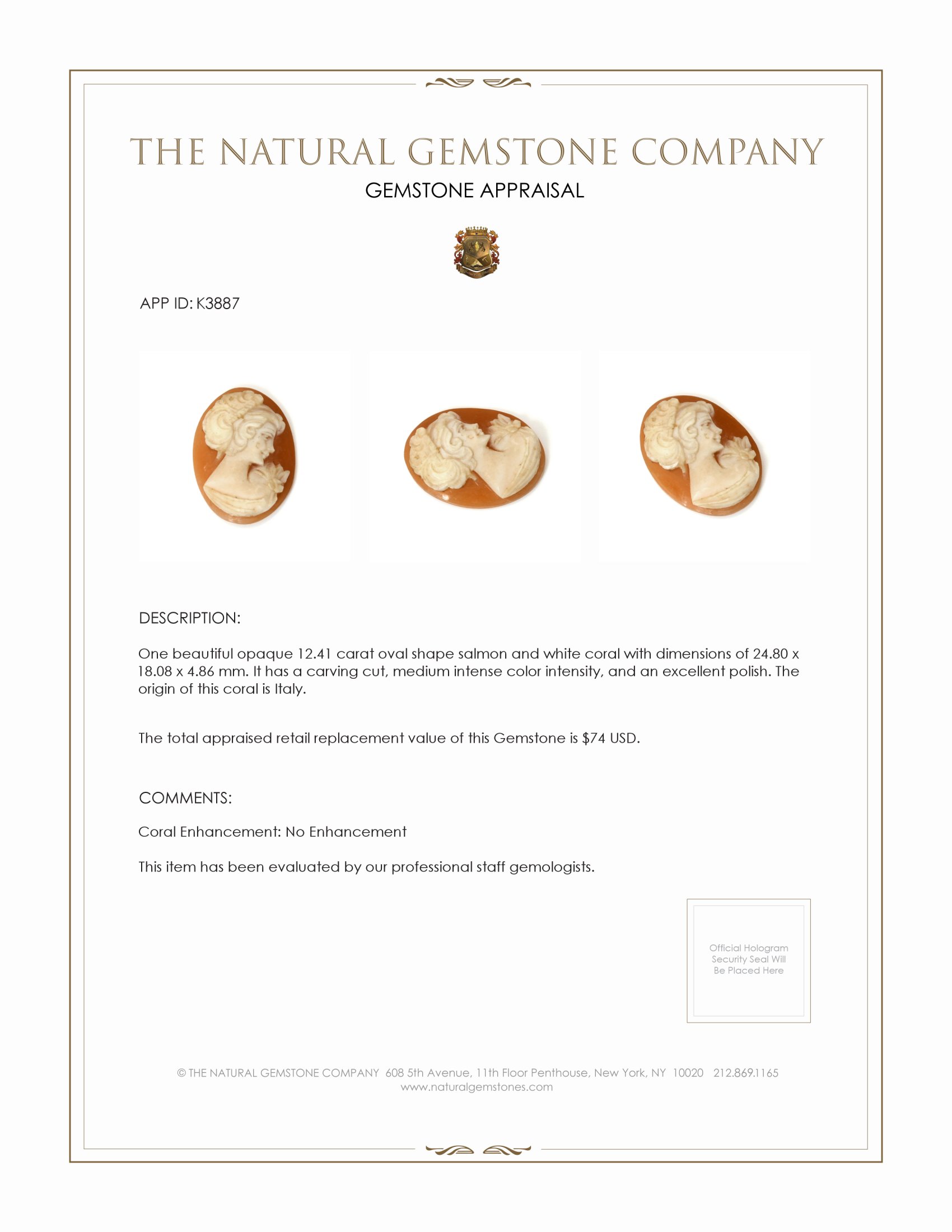 12.41 Ct. Coral from Italy