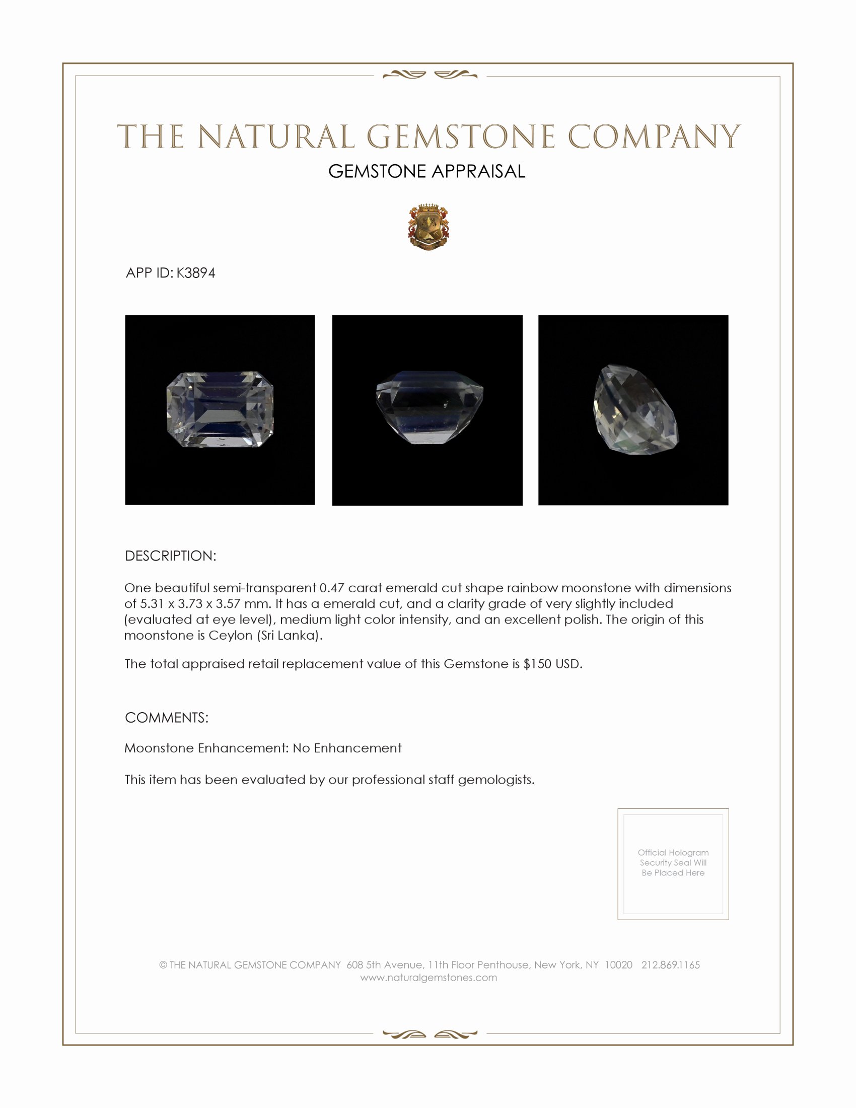 0.47 Ct. Moonstone from Ceylon (Sri Lanka)