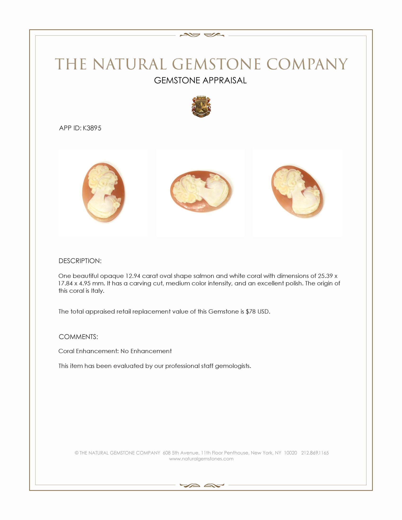 12.94 Ct. Coral from Italy