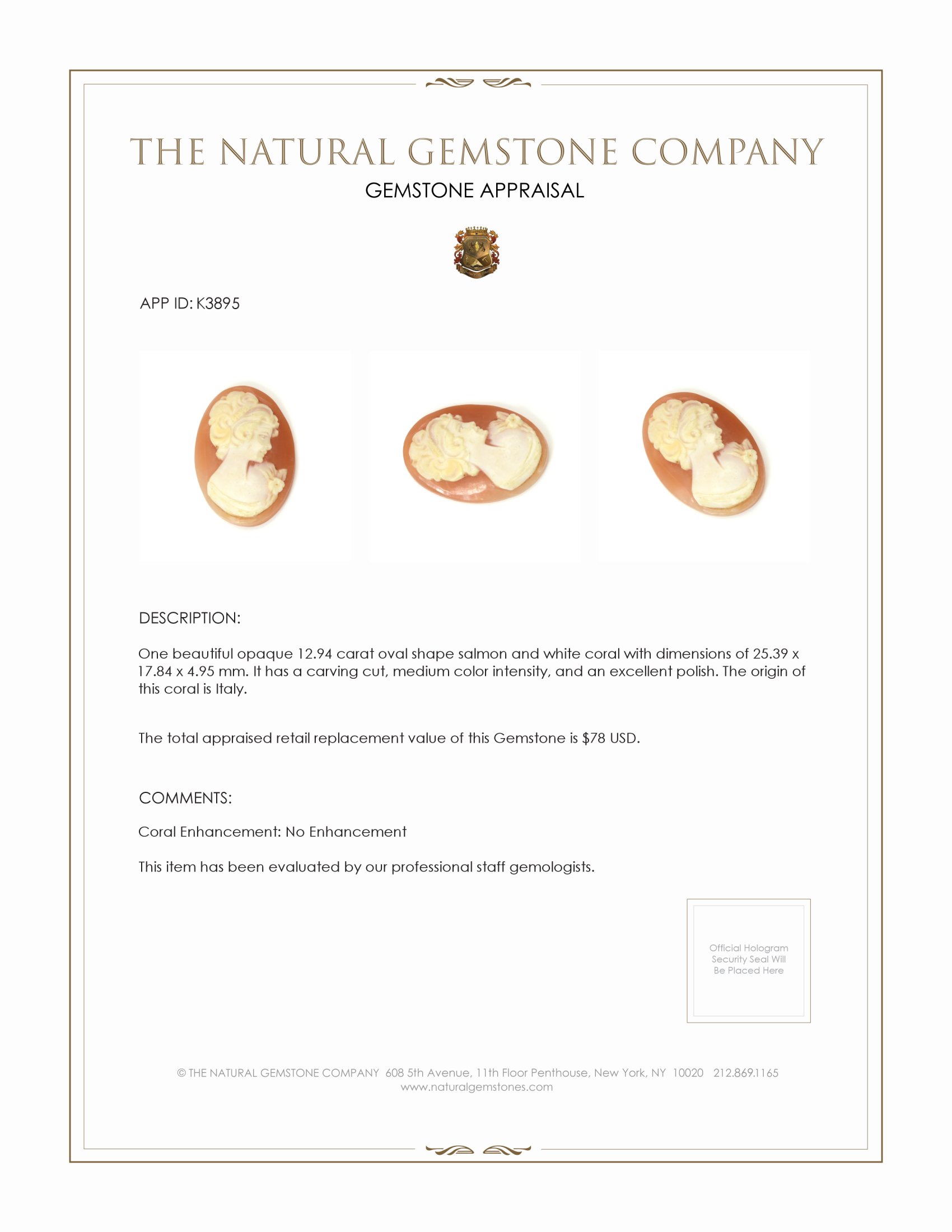 12.94 Ct. Coral from Italy