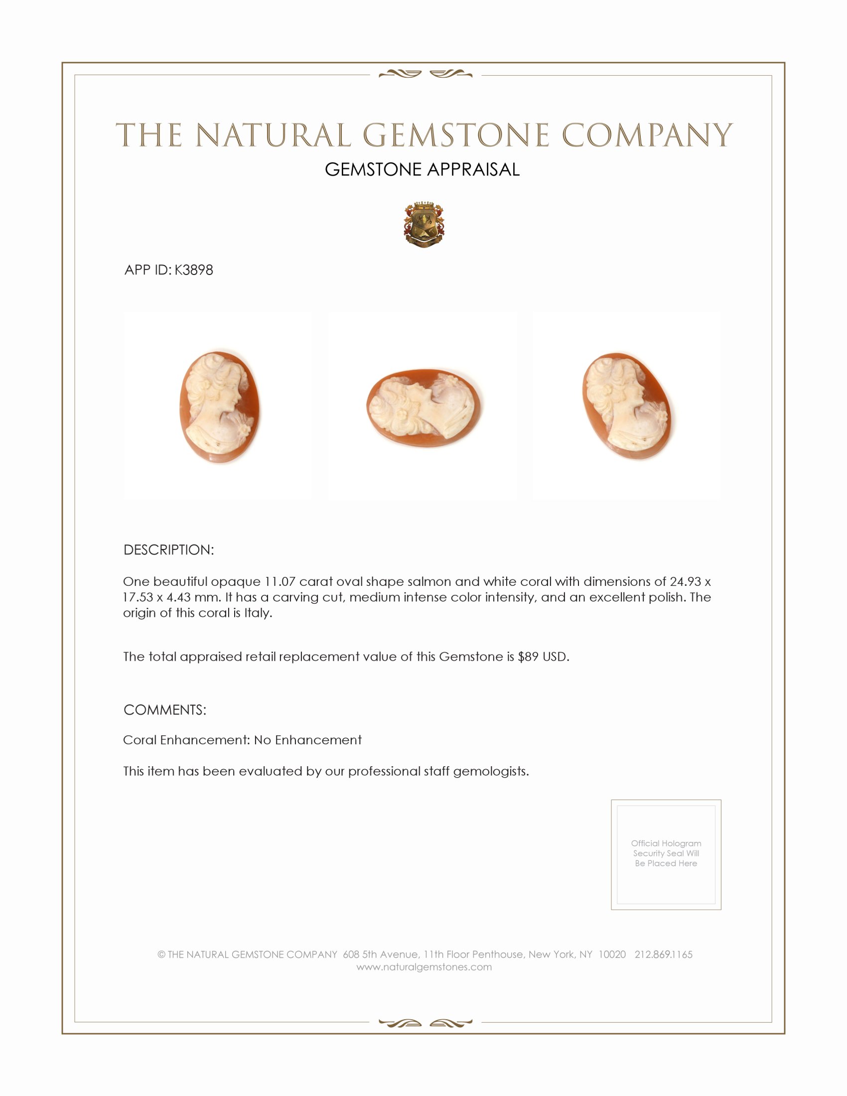 11.07 Ct. Coral from Italy