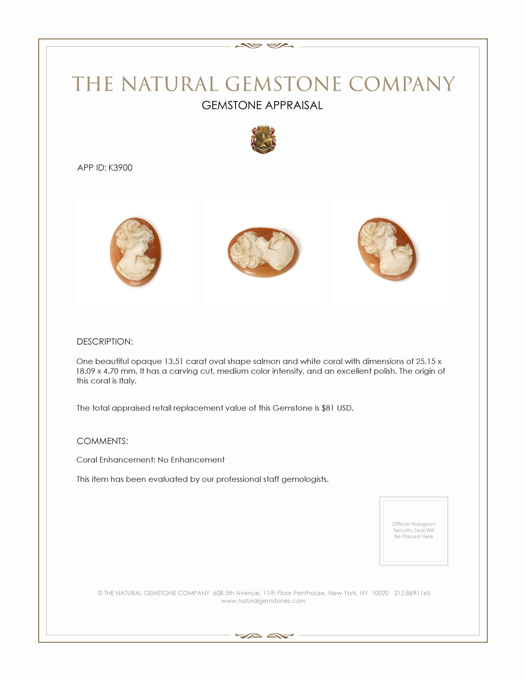 13.51 Ct. Coral from Italy