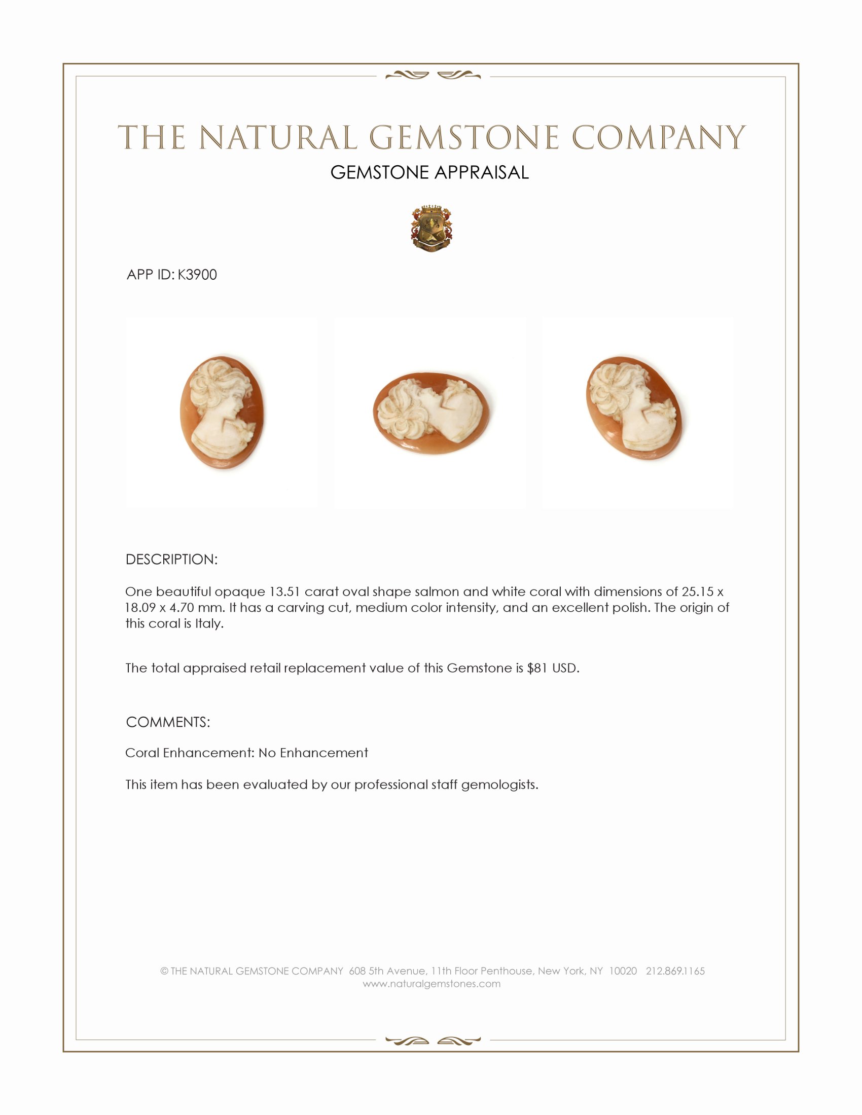 13.51 Ct. Coral from Italy