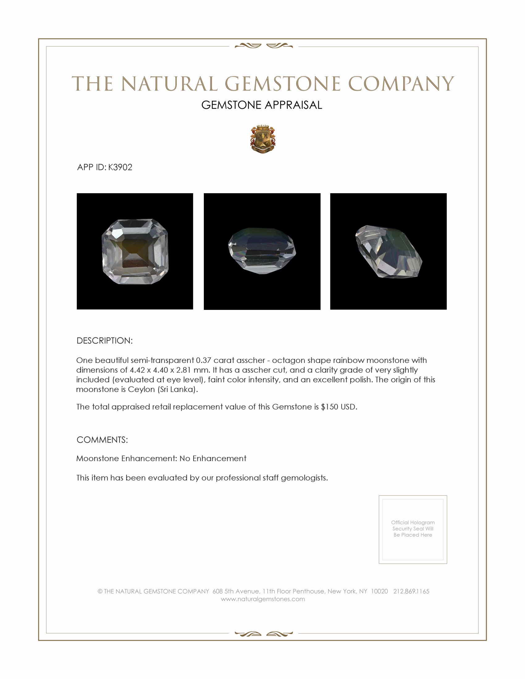 0.37 Ct. Moonstone from Ceylon (Sri Lanka)