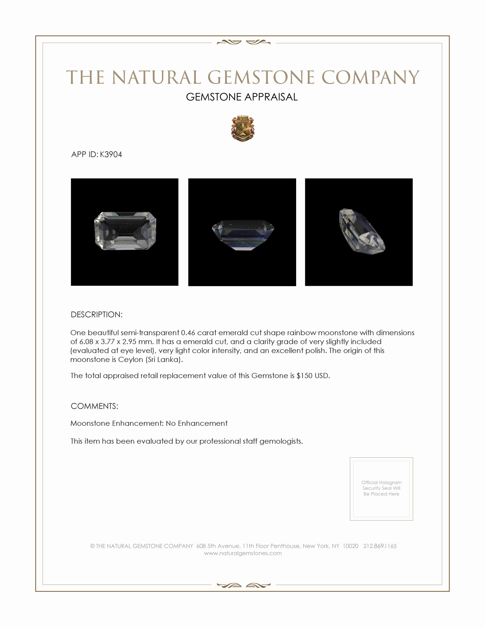 0.46 Ct. Moonstone from Ceylon (Sri Lanka)