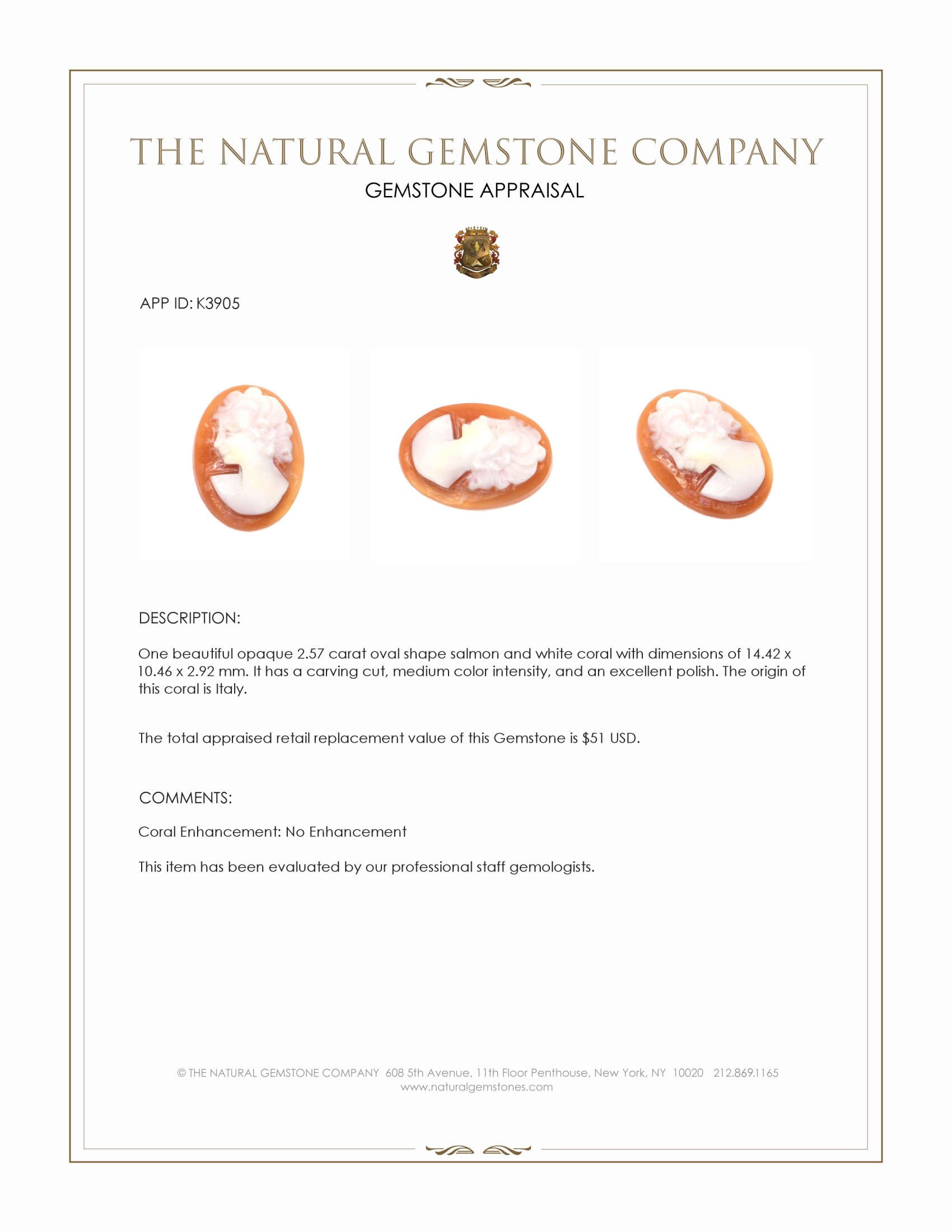 2.57 Ct. Coral from Italy