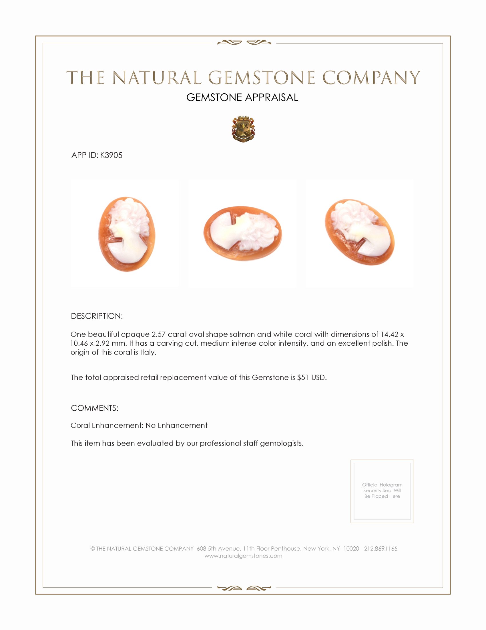 2.57 Ct. Coral from Italy