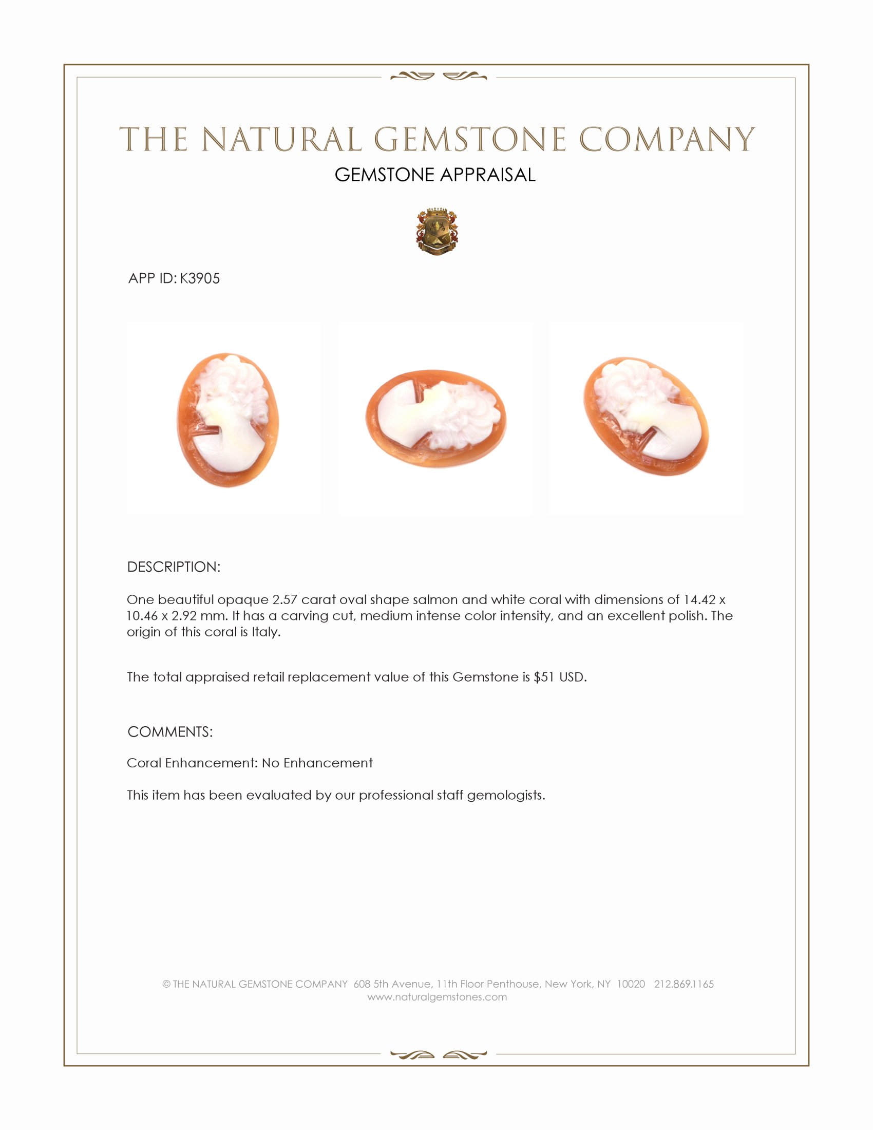 2.57 Ct. Coral from Italy