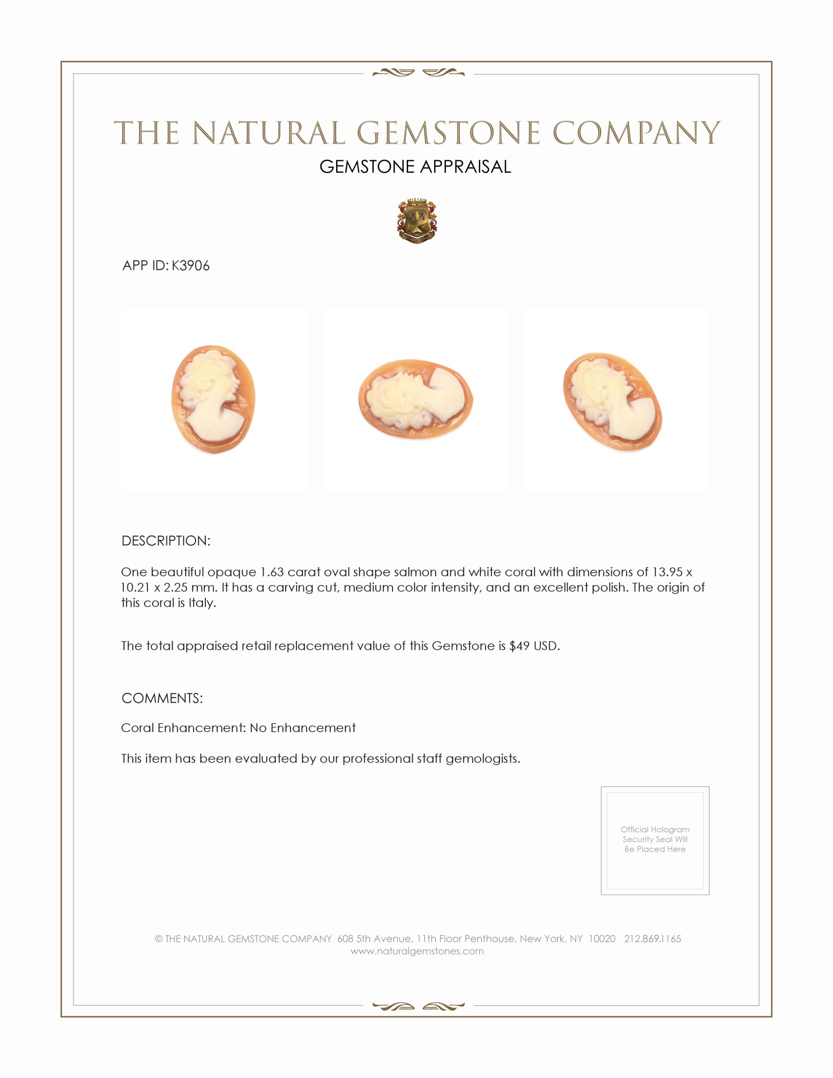 1.63 Ct. Coral from Italy