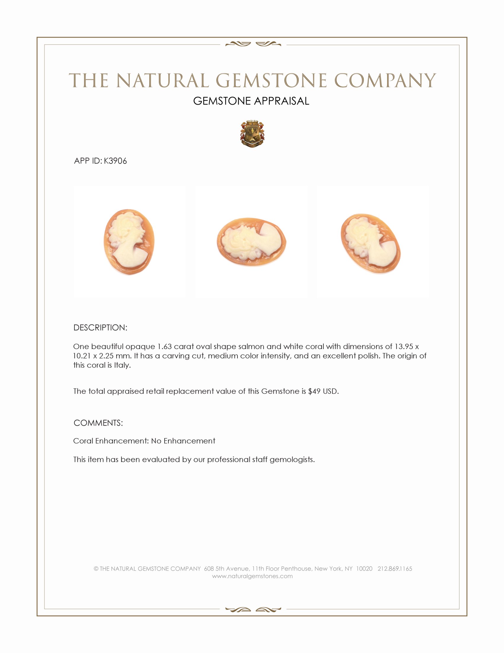 1.63 Ct. Coral from Italy