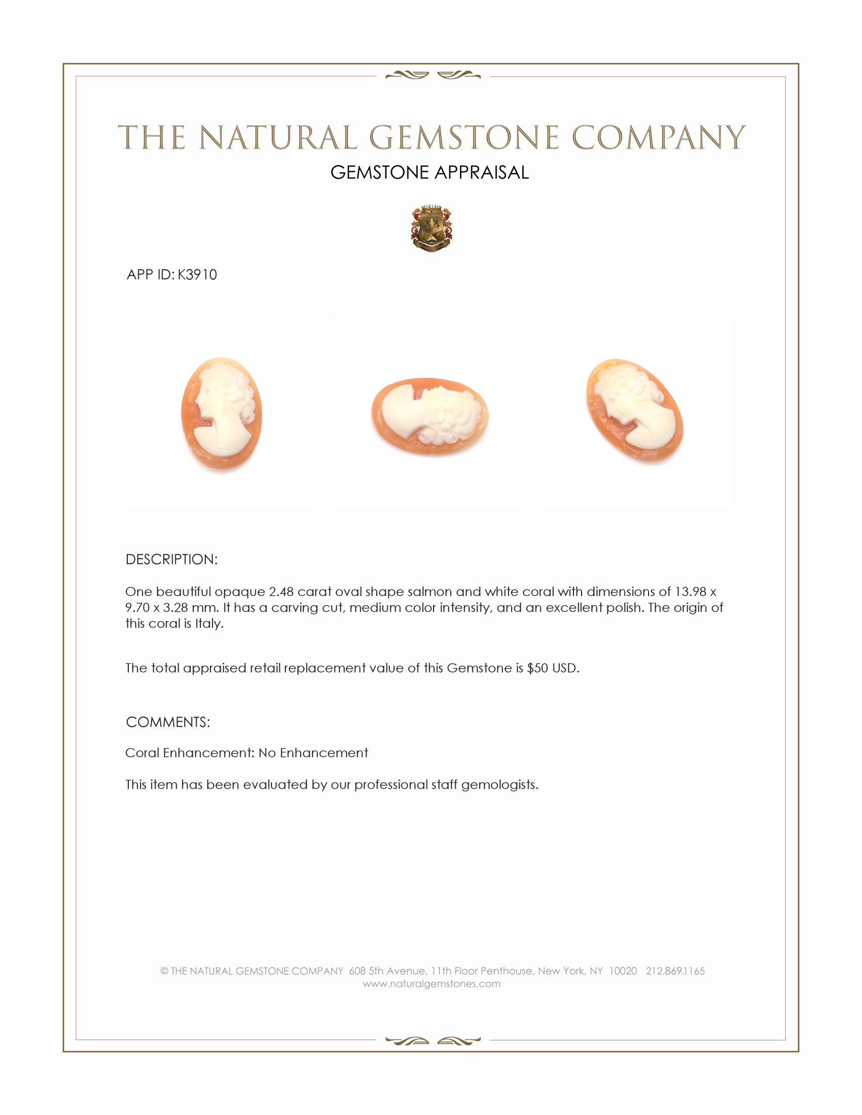 2.48 Ct. Coral from Italy