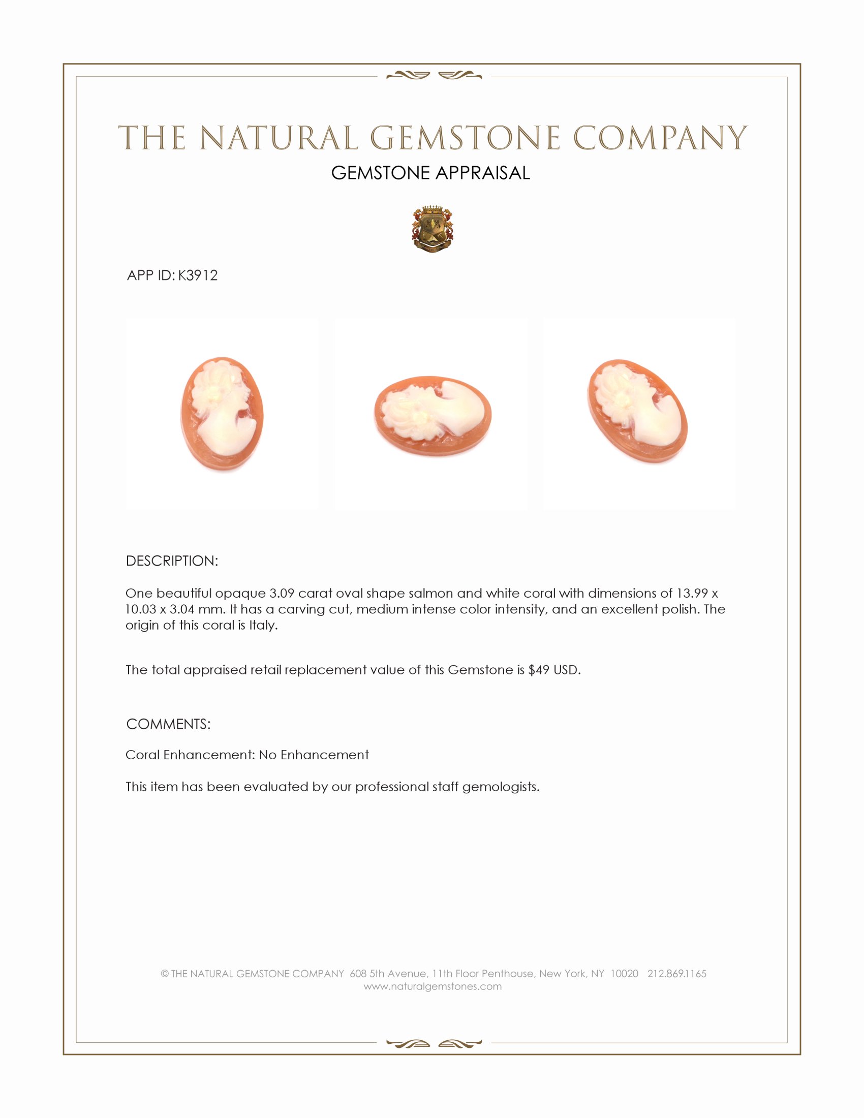 3.09 Ct. Coral from Italy