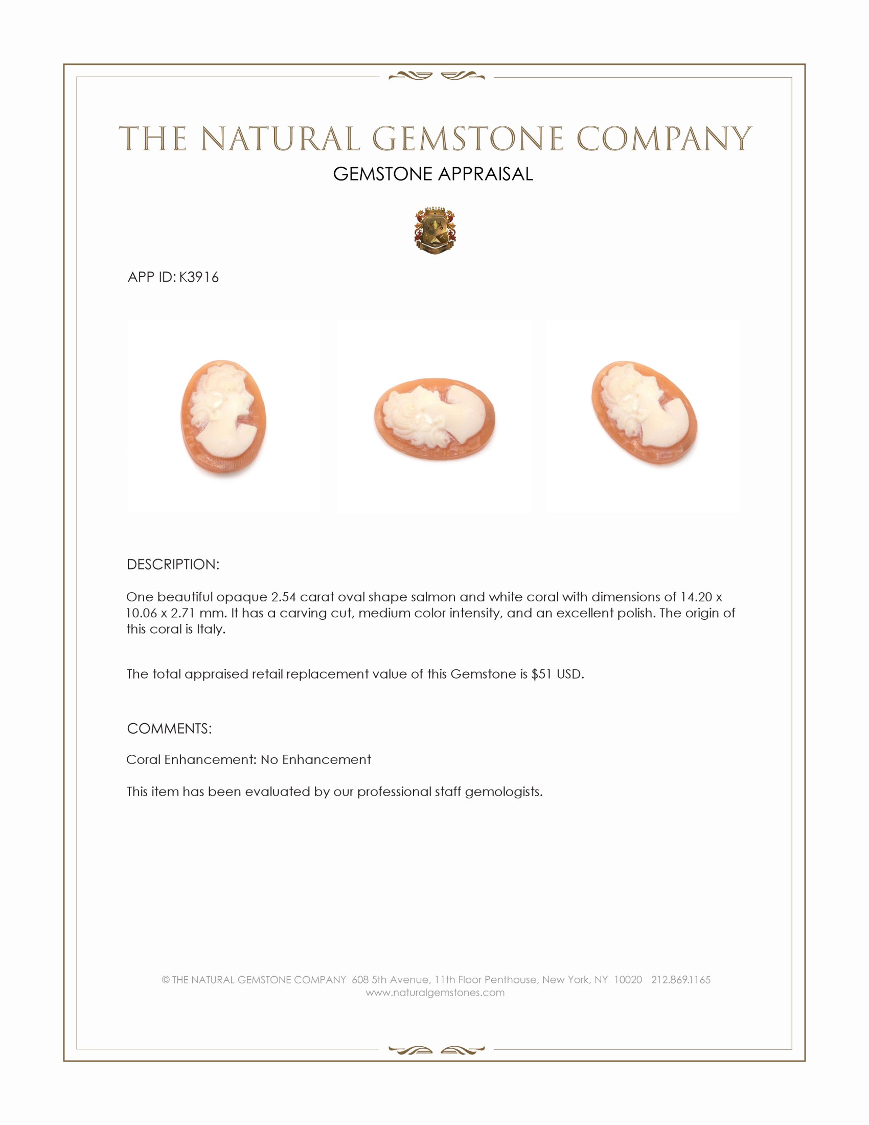 2.54 Ct. Coral from Italy