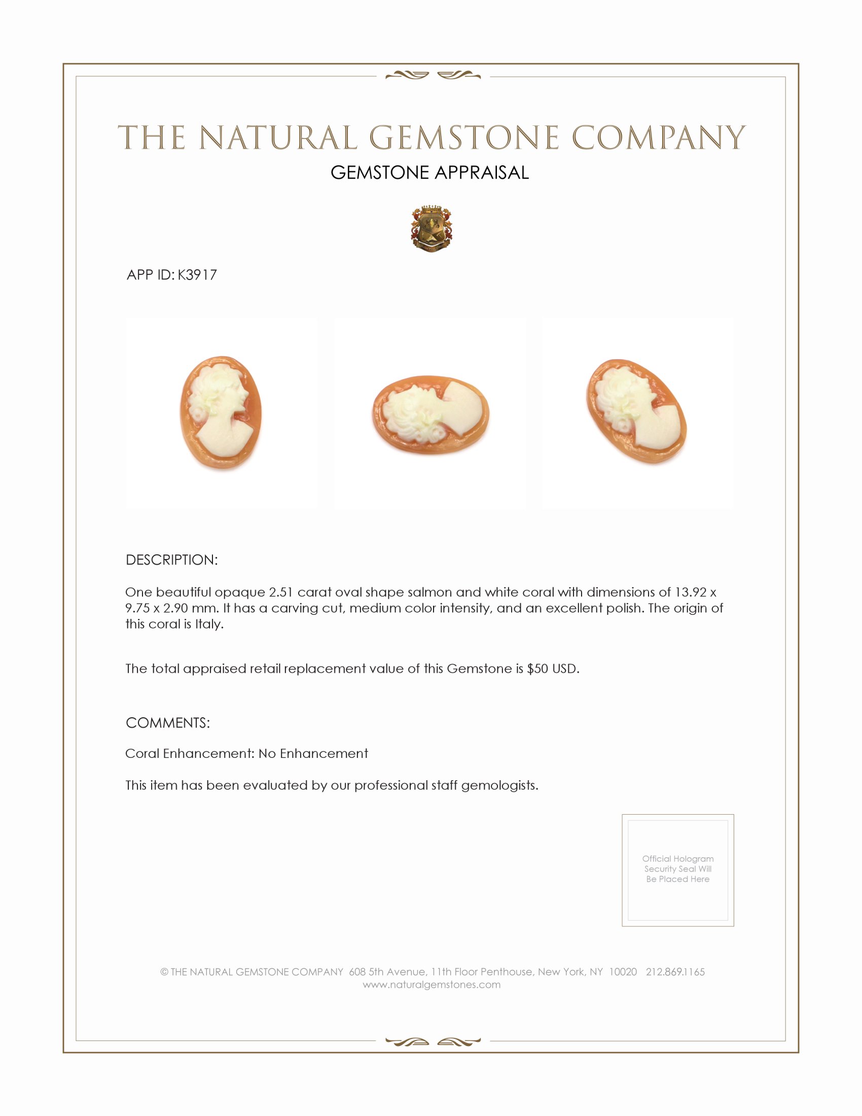 2.51 Ct. Coral from Italy